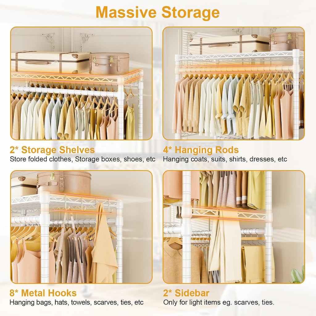 ULIFHOME P4 Plus Rolling Clothes Rack Heavy Duty, Clothing Racks for Hanging Clothes, Free Standing Garment Racks with Wheels, Portable Closet Rack 45''W × 20.5''D × 80.5''H, Max Load 570 Lbs, White