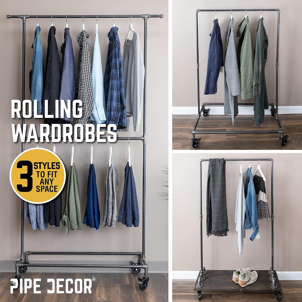PIPE DECOR 39' x 20 ¼' x 82' Rolling Steel Pipe Double Rod Clothing Rack, Commercial or Residential Industrial Clothes Display, Heavy Duty Black Steel Metal Wheeled Garment Frame