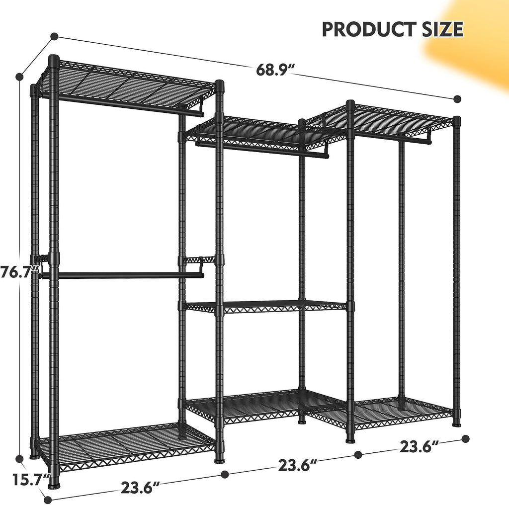 Raybee Clothes Rack Load 900Lbs, Heavy Duty Clothing Rack for Hanging Clothes Freestanding Portable Closet 77' H x 69'' W x 16'' D,Black