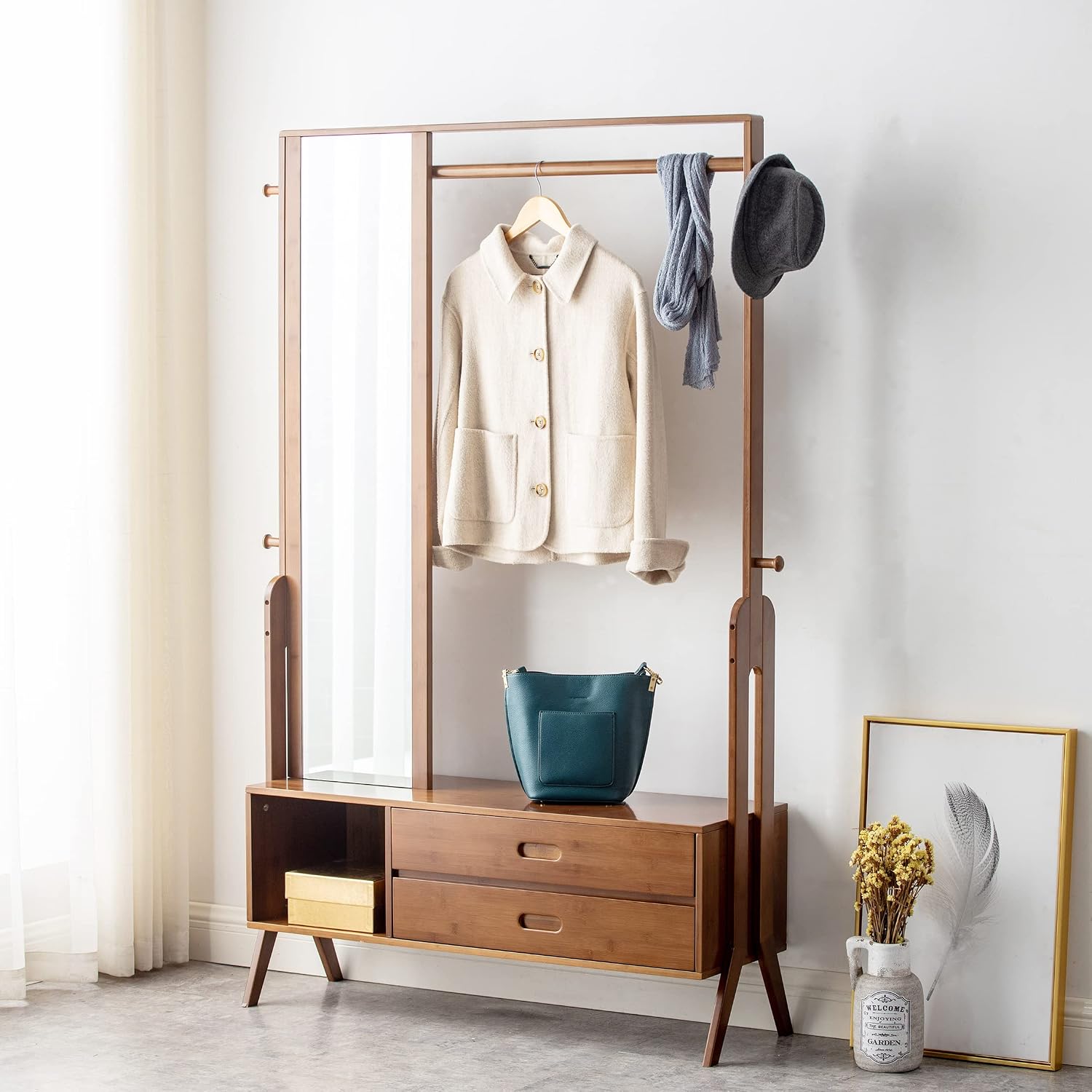Bamboo Wooden Garment Rack Freestanding Closet Organizers and Storage Drawers with Mirror&Hooks, Coat Rack, Open Wardrobe for Entryway (40.6(L) x 13 (W) x 66.5 (H))