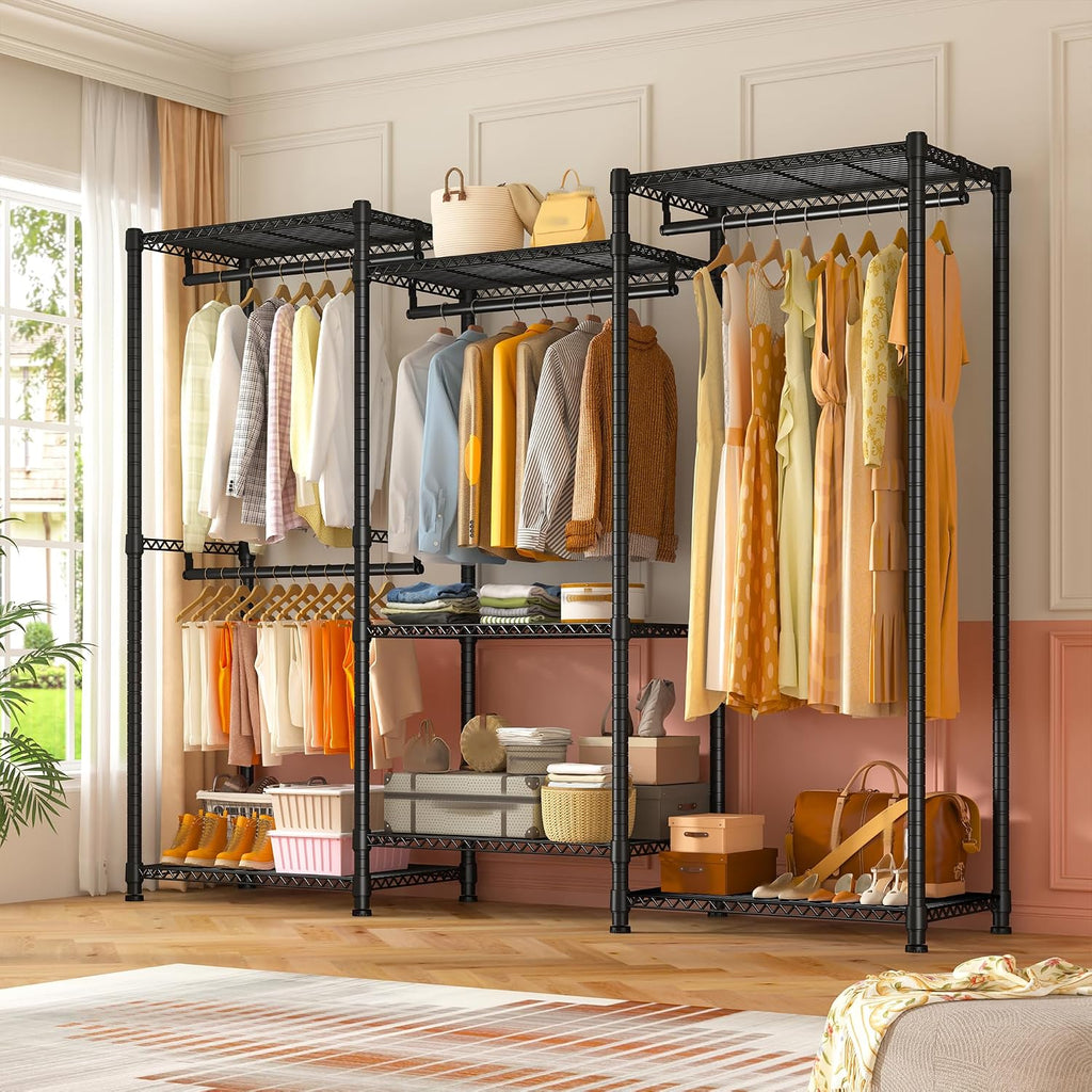 Raybee Clothes Rack Load 900Lbs, Heavy Duty Clothing Rack for Hanging Clothes Freestanding Portable Closet 77' H x 69'' W x 16'' D,Black