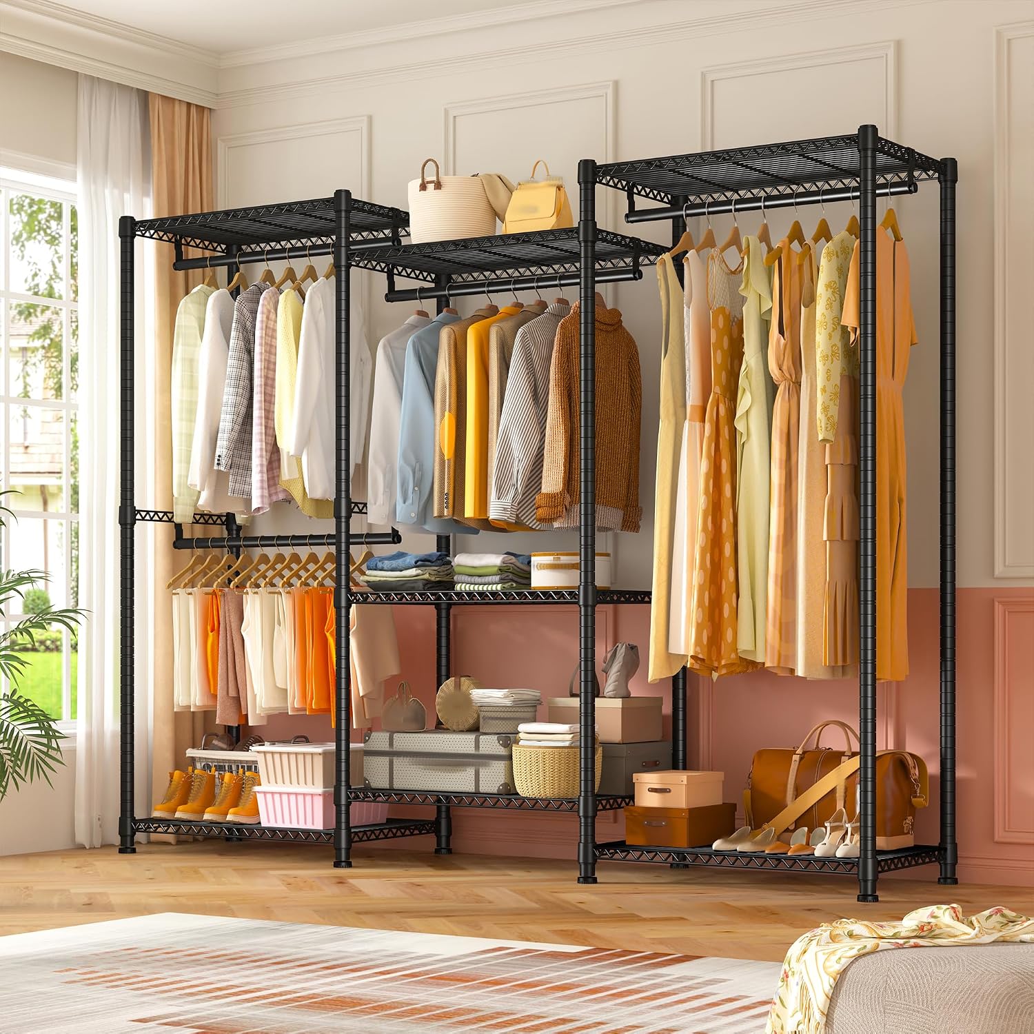 Raybee Clothes Rack Load 900Lbs, Heavy Duty Clothing Rack for Hanging Clothes Freestanding Portable Closet 77' H x 69'' W x 16'' D,Black