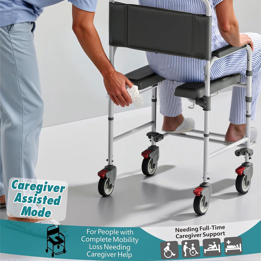 Bedside Commode with Wheels, Shower Wheelchair with 300 LBS Weight Capacity, Portable Toilet with Bucket for Elderly and Disabled