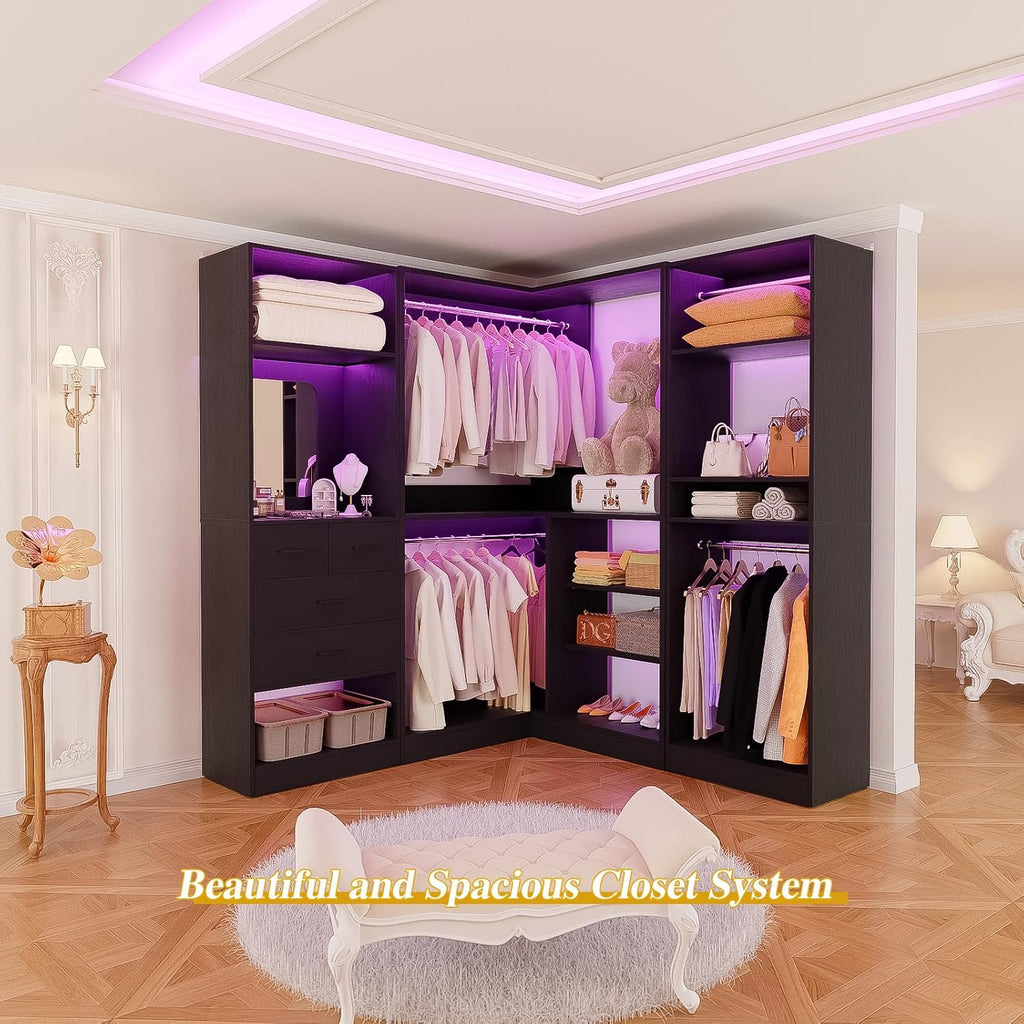 Unikito 86' Closet System, Corner Closets Organizer with Hanging Rods and Mirror, Freestanding Adjustable Clothes Garment Racks with Drawers, Sturdy Walk in Closet Kit with 3 Set Closets Tower, Black