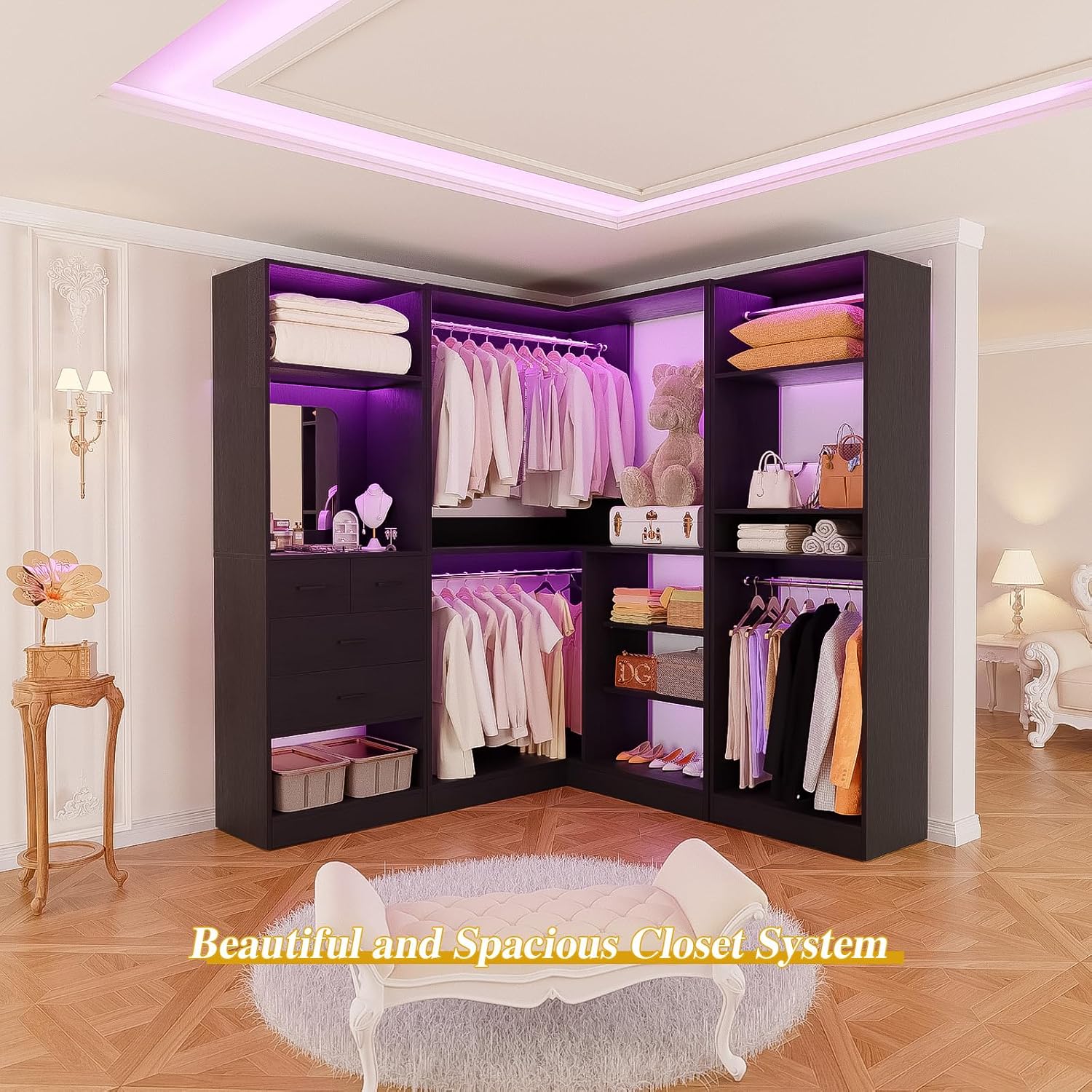 Unikito 86' Closet System, Corner Closets Organizer with Hanging Rods and Mirror, Freestanding Adjustable Clothes Garment Racks with Drawers, Sturdy Walk in Closet Kit with 3 Set Closets Tower, Black