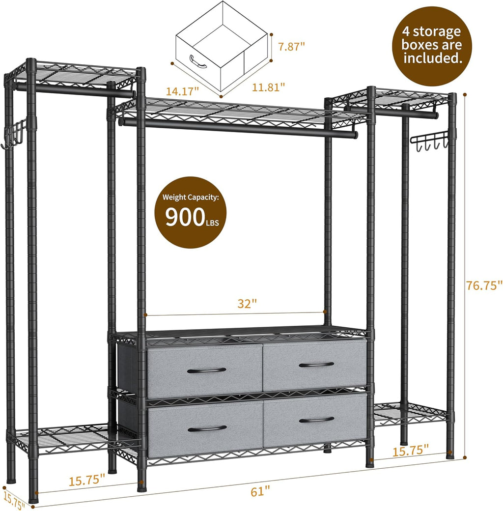 Golpart Heavy Duty Garment Rack Clothes Rack,Large Metal Closet Organizer System Storage Wardrobe,Freestanding Clothing Rack with 8 Adjustable Wire Shelves&3 Hang Rods,MaxLoad 900lbs