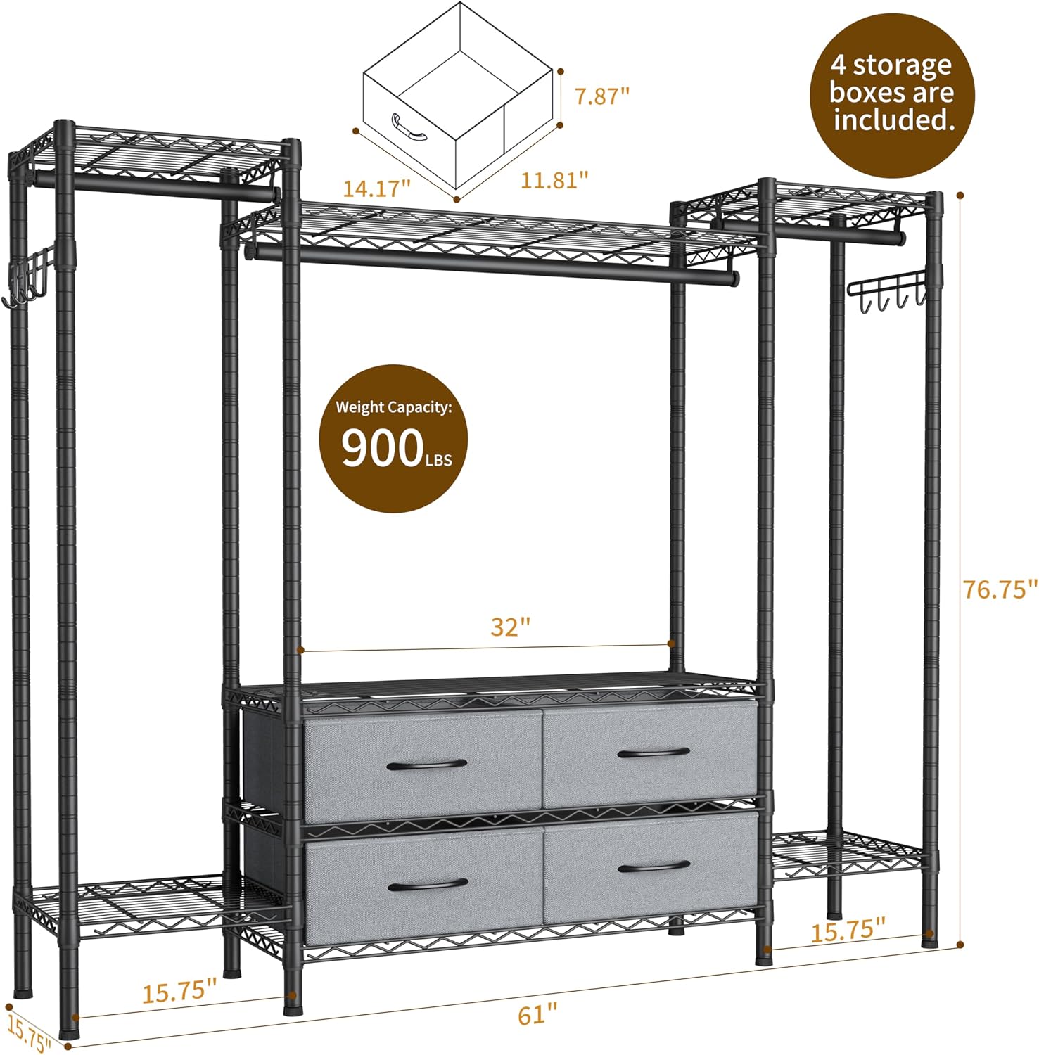 Golpart Heavy Duty Garment Rack Clothes Rack,Large Metal Closet Organizer System Storage Wardrobe,Freestanding Clothing Rack with 8 Adjustable Wire Shelves&3 Hang Rods,MaxLoad 900lbs
