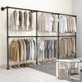 KELIXU 114.4' Industrial Pipe Clothing Rack for Wall Adjustable Height Wall Mounted Clothes Rack for Hanging Clothes, Heavy Duty Walk in Closet Systems, Garment Racks with Double Rods (Three, Black)