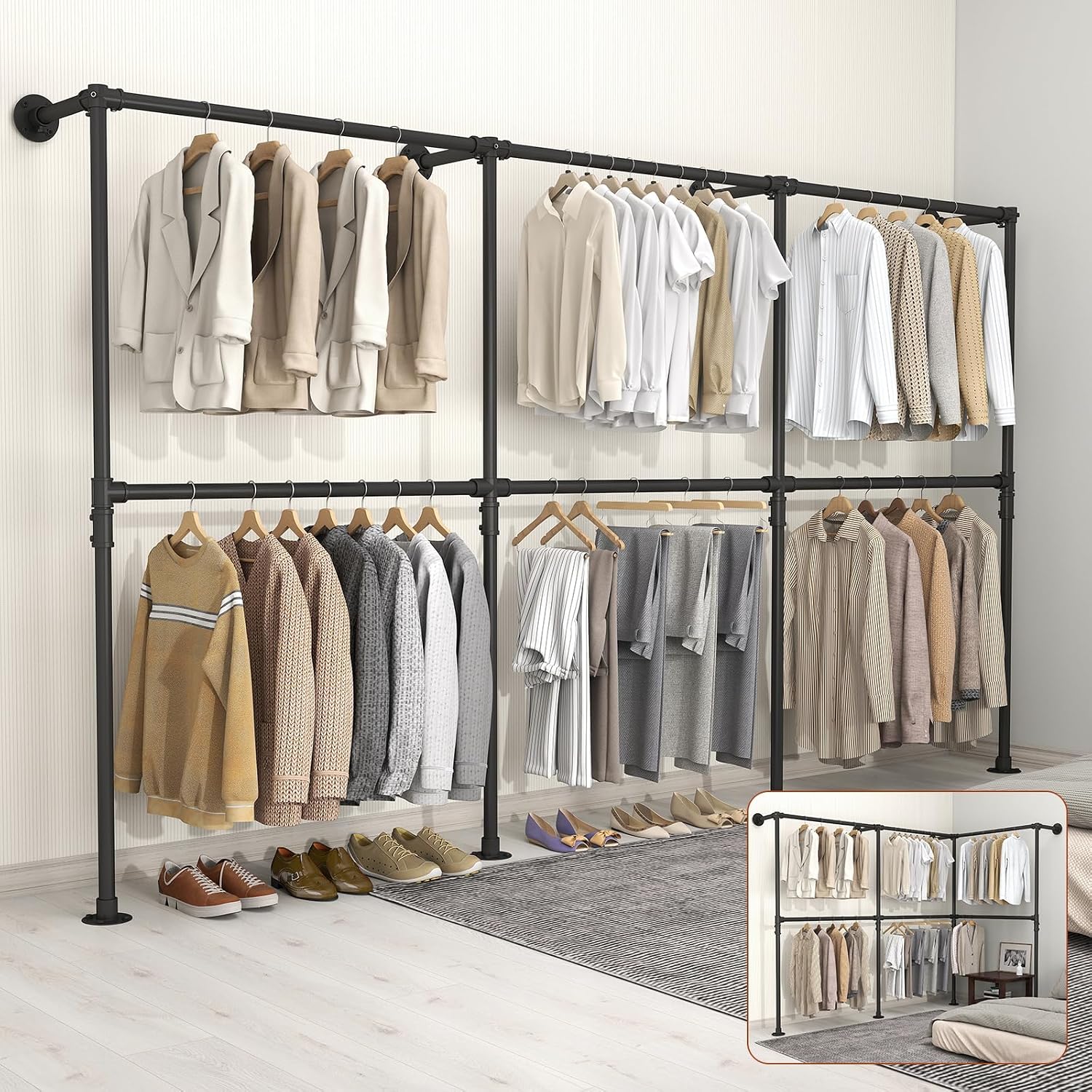 KELIXU 114.4' Industrial Pipe Clothing Rack for Wall Adjustable Height Wall Mounted Clothes Rack for Hanging Clothes, Heavy Duty Walk in Closet Systems, Garment Racks with Double Rods (Three, Black)