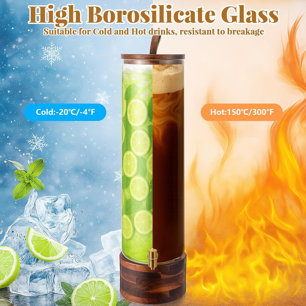 FillTouch 1 Pack 5 Gallon Glass Drink Dispenser with Acacia Wood Stand & Lid,Stainless Steel Spigot ,Large Leak-Proof Drink Beverage Dispenser for Juice Lemonade Sangria Party Weddings Outdoor Events