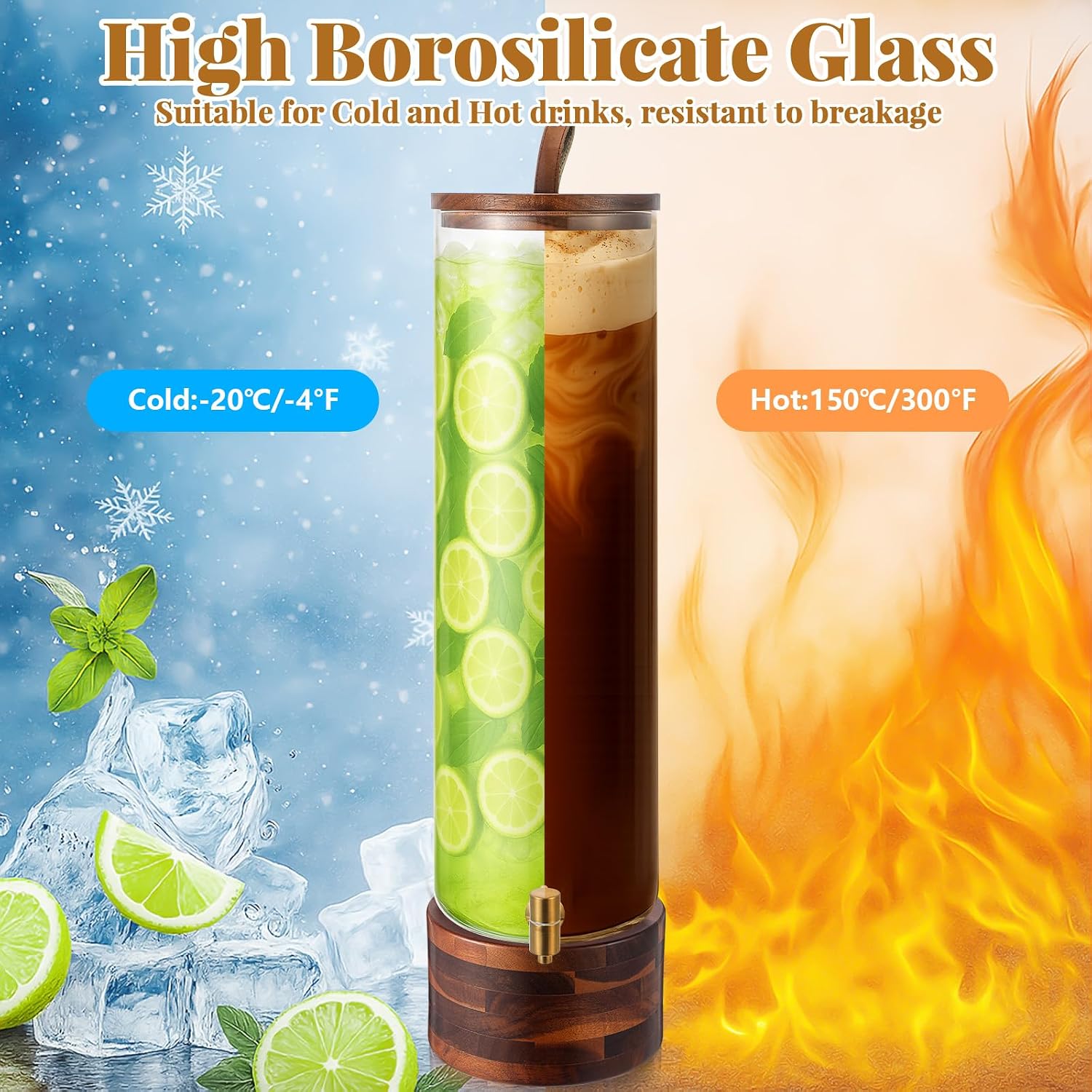 FillTouch 1 Pack 5 Gallon Glass Drink Dispenser with Acacia Wood Stand & Lid,Stainless Steel Spigot ,Large Leak-Proof Drink Beverage Dispenser for Juice Lemonade Sangria Party Weddings Outdoor Events
