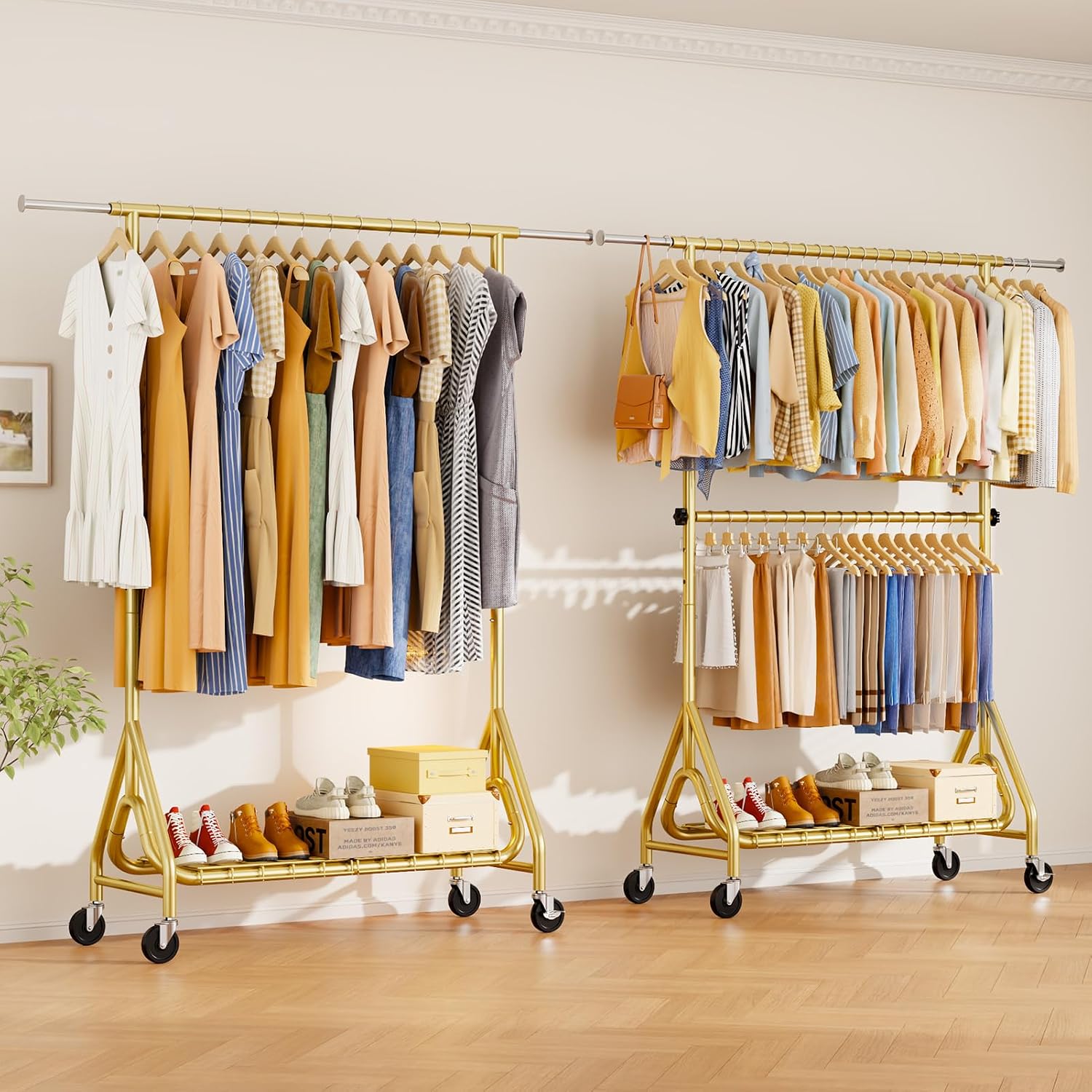Double Rods Clothing Rack, Heavy Duty Clothes Rack for Hanging Clothes Load 560LBS, Metal Rolling Garment Racks with Wheels, Freestanding Clothes Hanging Racks, Gold