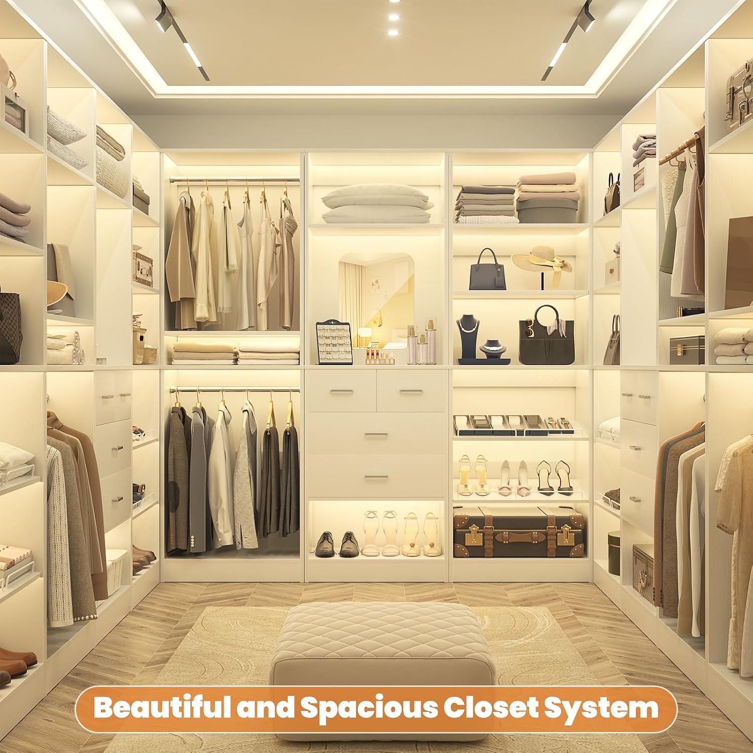 Unikito Freestanding Closet System, 25' Closet Organizer Wardrobe with Hanging Rods & Shelve, Adjustable Clothes Garment Rack, Sturdy Walk in Closet Tower, Easy Assembly, 25' W x 16' D x 80' H, White