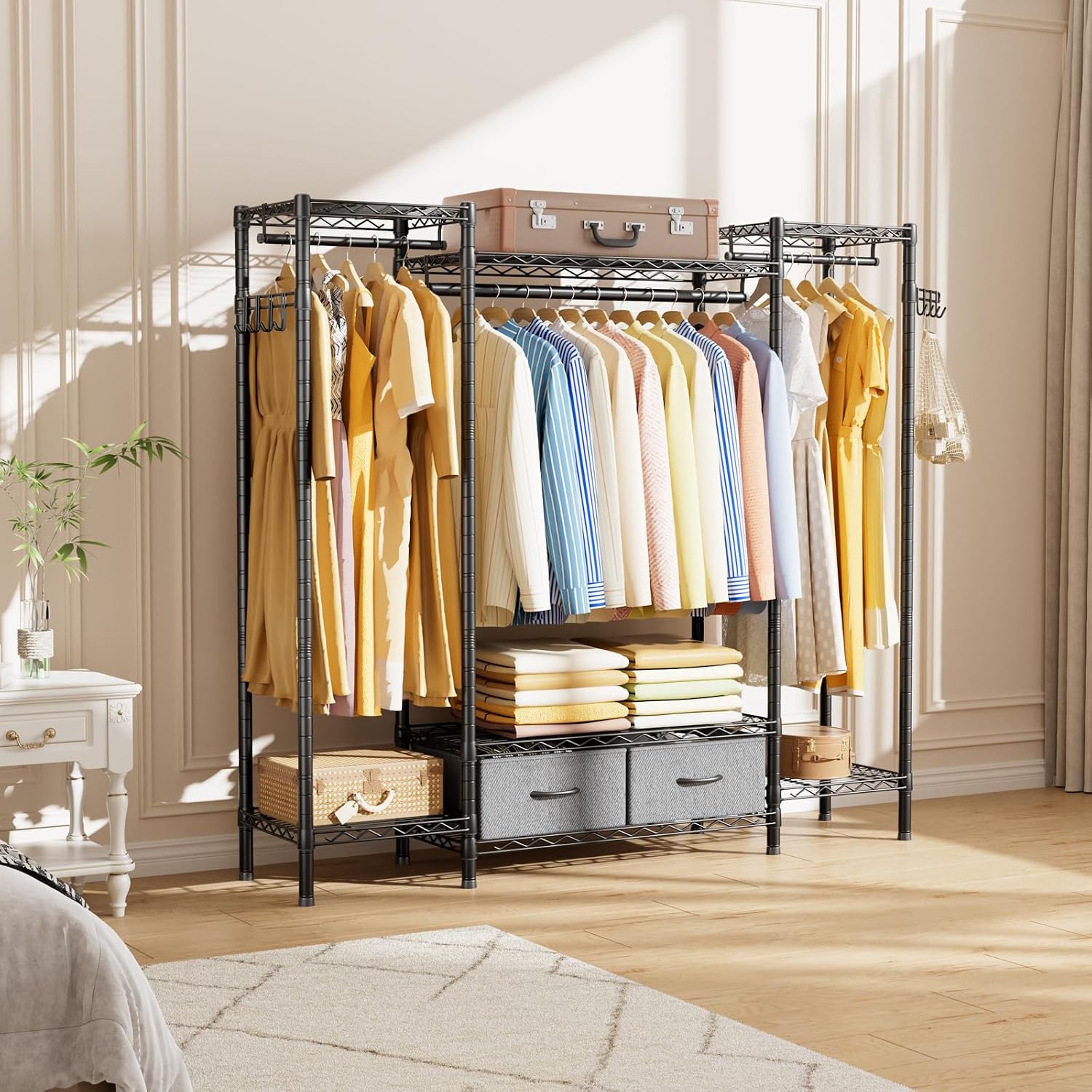 Golpart Coat Rack Clothes Wardrobe：Closet Organizer and Storage Clothing Garment Rack with Shelves Heavy Duty for Hanging Clothes Portable Adjustable Black 15.8' DX61 WX76.5 H