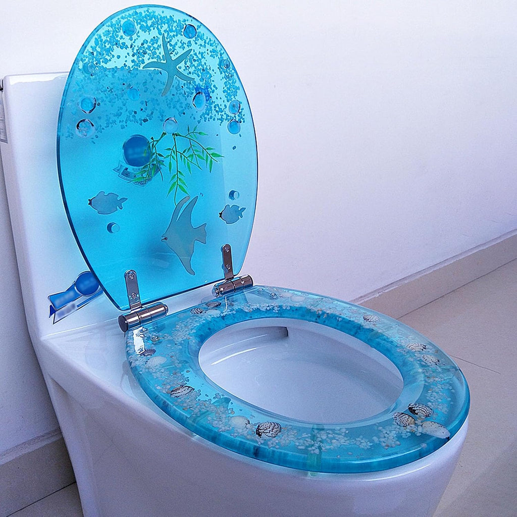 Toilet Seat Elongated with Cover Soft Close, Silent Slow Drop, Ergonomic Design Toilet Lid Suitable to Elongated or Oval Toilets, 3D Effects Decorative(Blue Bream)