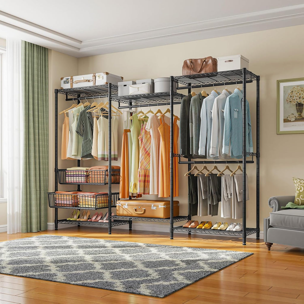 VIPEK V10 Garment Rack Large Size Heavy Duty Clothes Rack with Hanging Rods, Adjustable Shelves & 2 Slid Storage Baskets, Wire Clothing Rack 68.9' W x 15.7' D x 76.4' H, Max Load 920 LBS, Black