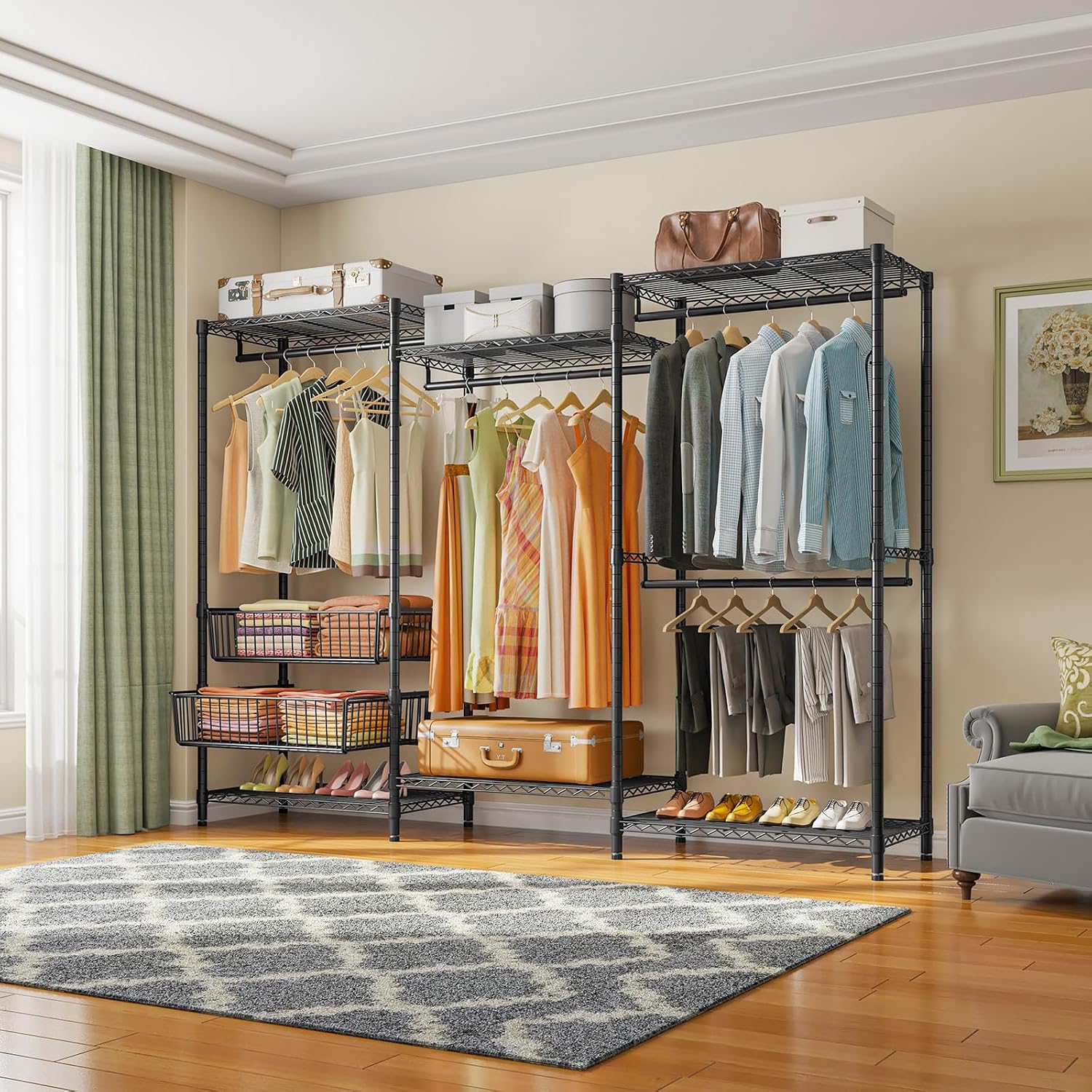 VIPEK V10 Garment Rack Large Size Heavy Duty Clothes Rack with Hanging Rods, Adjustable Shelves & 2 Slid Storage Baskets, Wire Clothing Rack 68.9' W x 15.7' D x 76.4' H, Max Load 920 LBS, Black