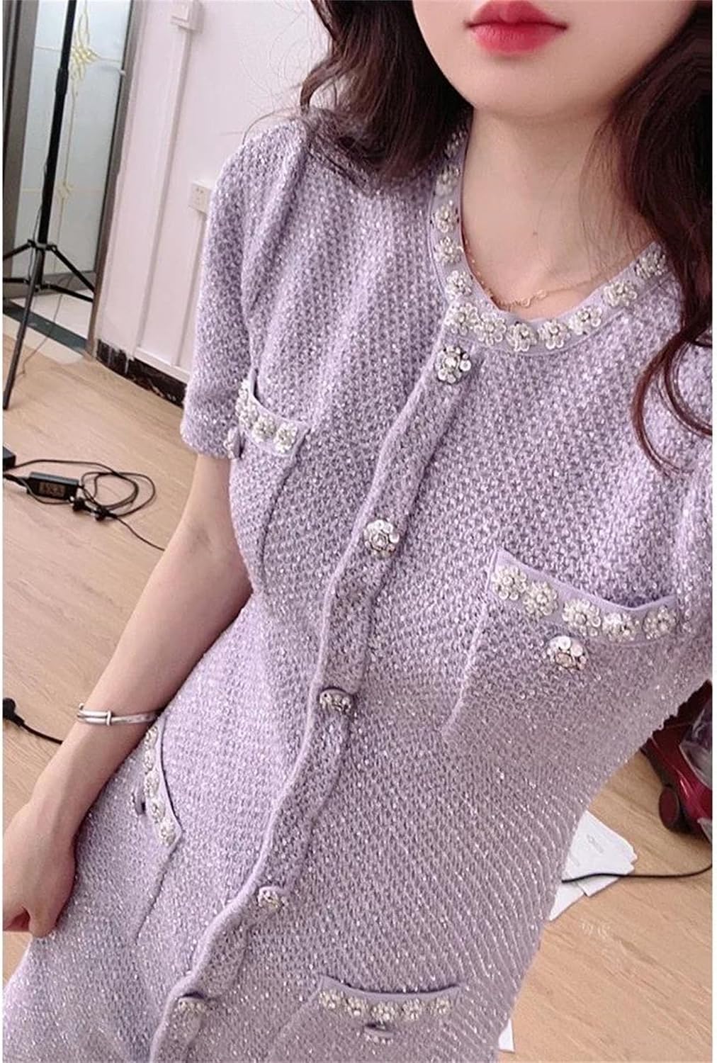 Pegsmio Women's Crystal Knitted Dresses Summer Holiday Single Breasted Pearl Sequins Flower Pencil Evening Party Dress