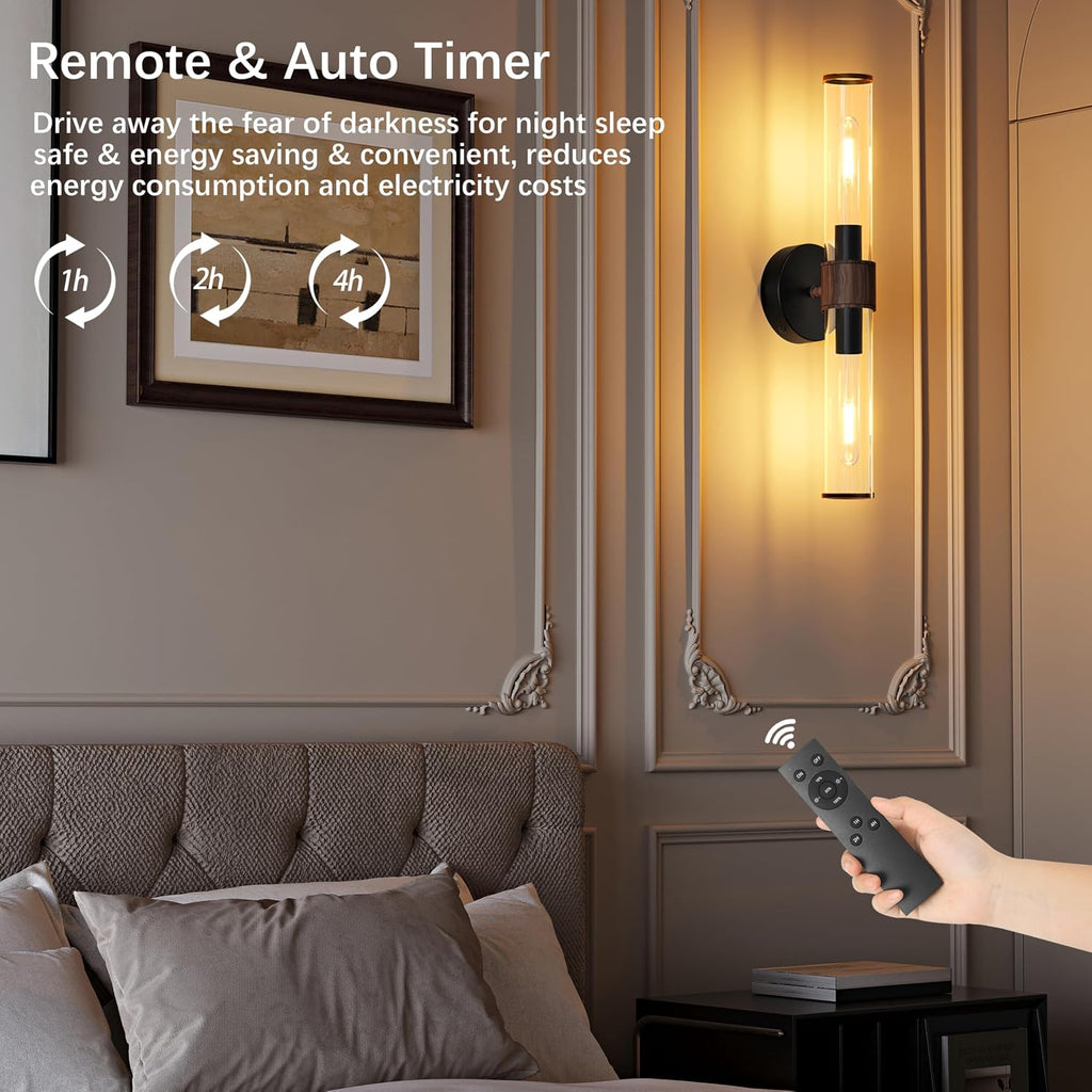 Morauroral Black Walnut Battery Operated Wall Sconces Set of 2, Rechargeable Wall Lights with Remote, 20 Inch Modern Wireless Sconces Wall Lighting for Bedroom, Living Room,TV with Glass Shade