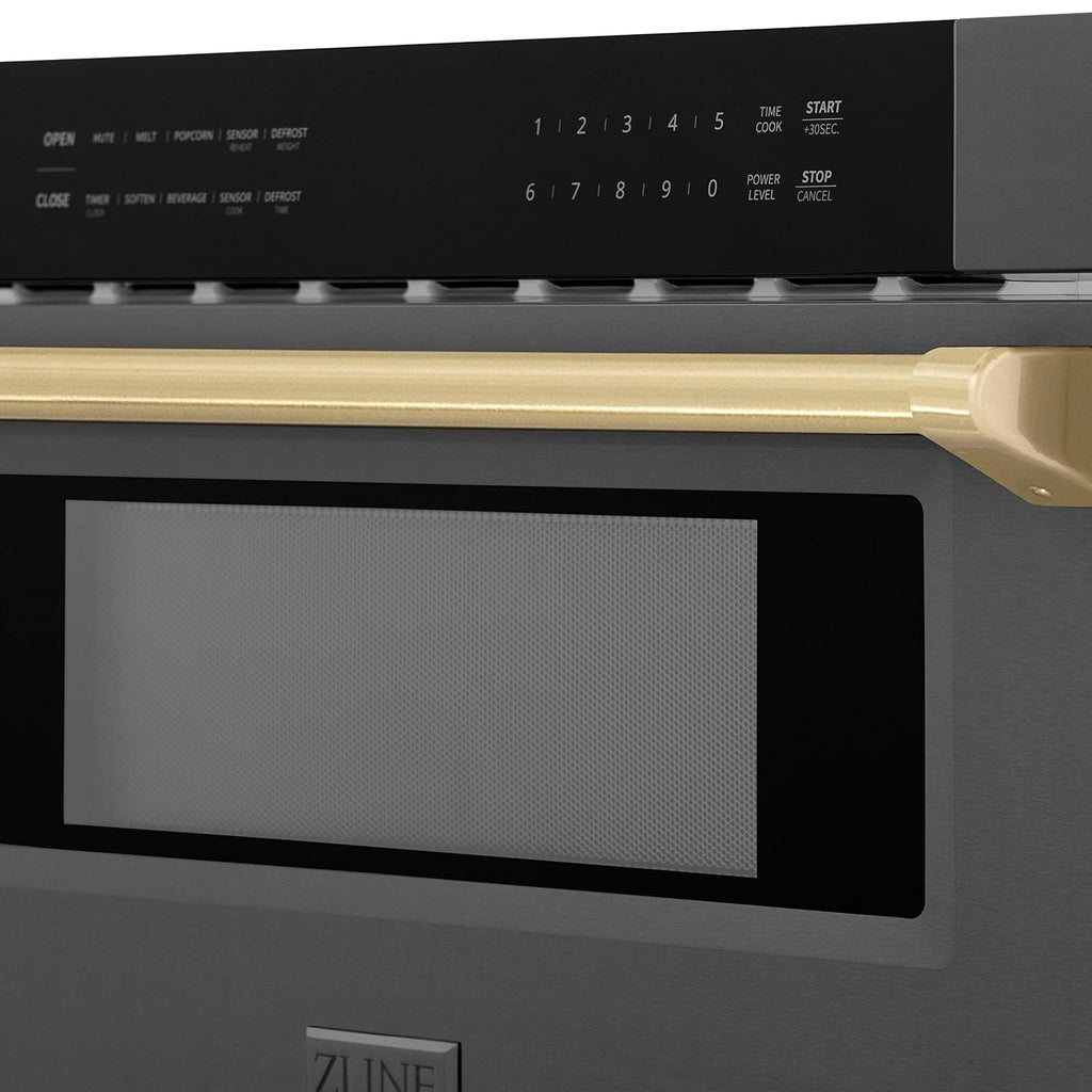 ZLINE Autograph Edition 30' 1.2 cu. ft. Built-in Microwave Drawer in Black Stainless Steel and Champagne Bronze Accents