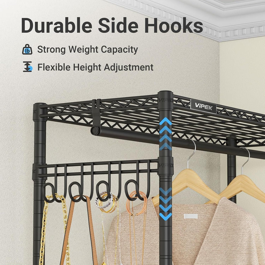 VIPEK V4C Garment Rack with Cover, Heavy Duty Portable Closet Adjustable Metal Clothing Rack for Hanging Clothes with Hanging Rods & Side Hooks, Max Load 810lbs, Black Rack with Grey Cover