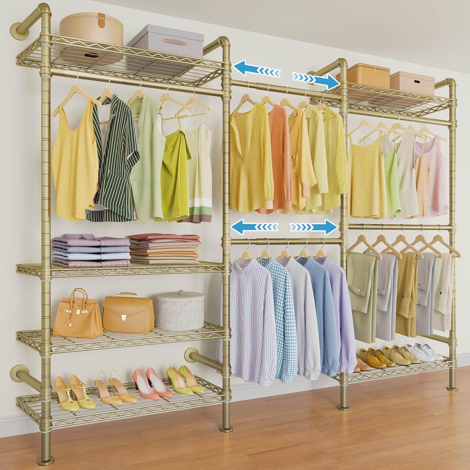 Timate F3 Garment Rack Heavy Duty Clothes Rack for Hanging Clothes, Expandable Industrial Pipe Wall Mounted Clothing Rack, Adjustable Storage Wardrobe Closets Kit Walk in Closet Systems, Gold