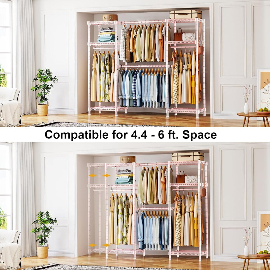 Ulif E7 Garment Rack, Heavy Duty Clothes Storage System with Extendable Hangers Rods, Metal Clothing Rack with 6 Wire Shelves, (52.3'-72') W x 14.5' D x 71.2' H, Load 838lbs, Pink