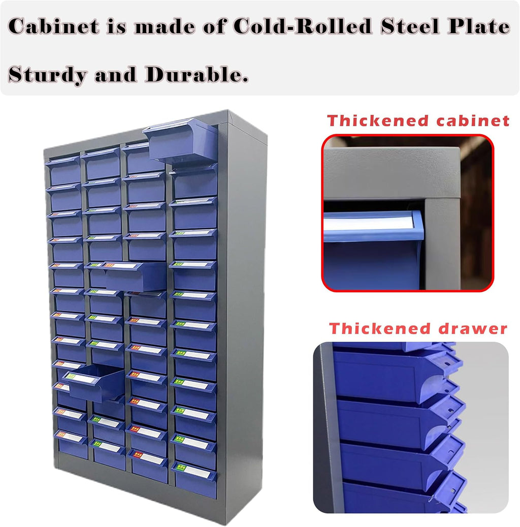 Parts Cabinet 48 Drawer Parts Drawer Storage Bolt Bins Organizer Storage Steel Tool Chest ABS/PS Material with Partitions and Labels