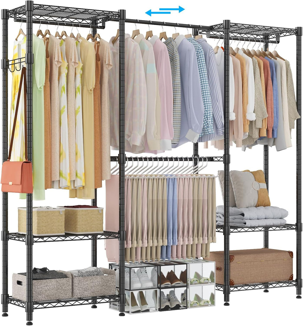 Homdox Heavy Duty Garment Rack with Extendable Hanging Rods, Adjustable Metal Clothing Rack for Hanging Clothes, Freestanding Closet Wardrobe Clothes Rack with Wire Storage Shelves, Black