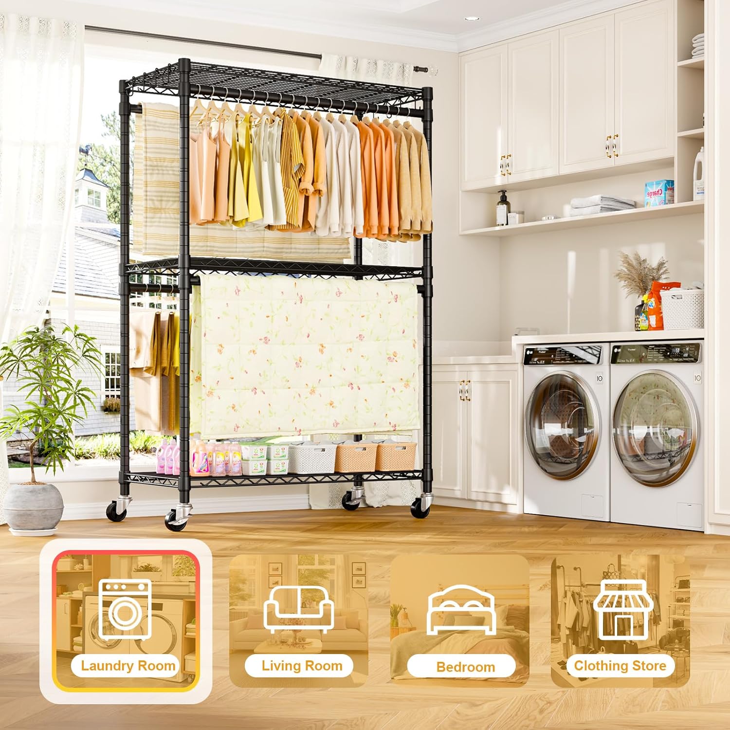ULIFHOME P5 Plus Rolling Clothes Rack Heavy Duty, Clothing Racks for Hanging Clothes, Metal Garment Rack with Wheels, 3-Tier Portable Closet Rack 45'' W × 20.5'' D × 80.5'' H, Max Load 660 Lbs, Black