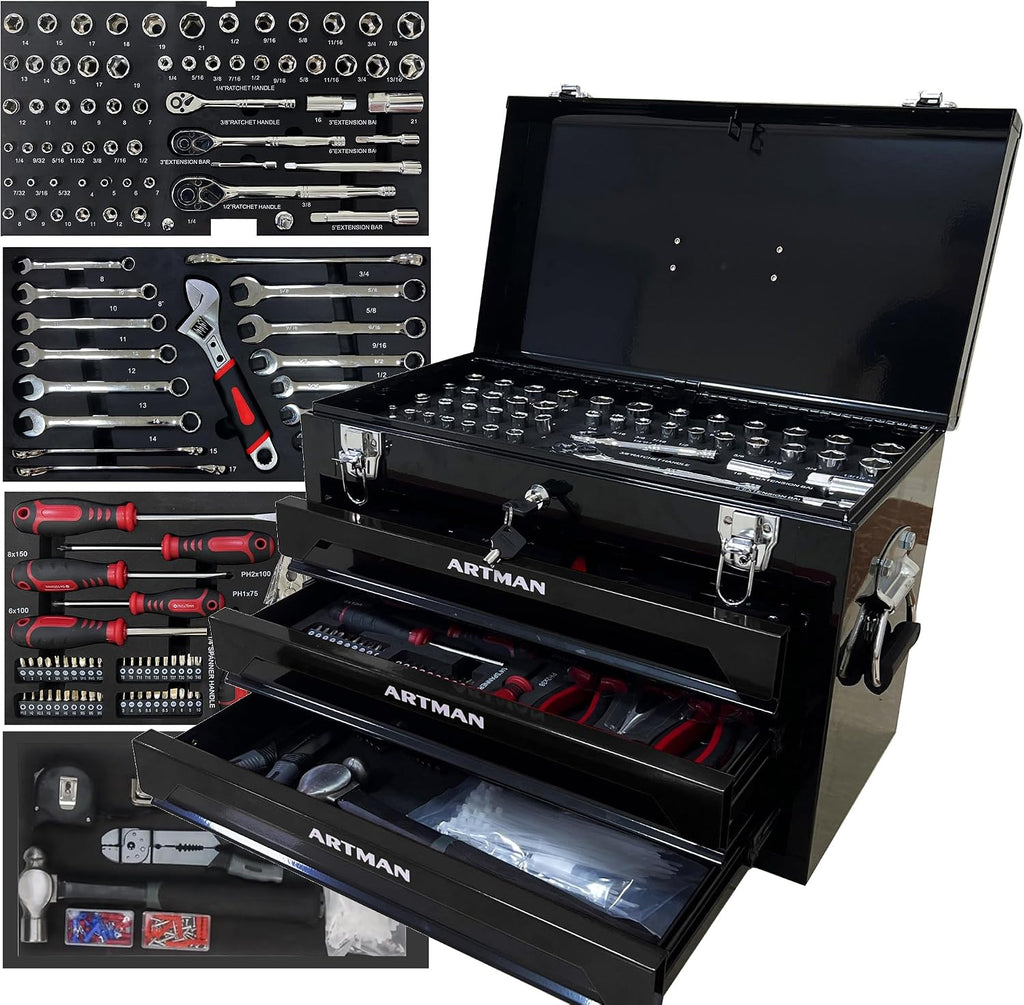 RYH 20' Portable 3-Drawer Steel Toolbox with Lock - Heavy Duty Tool Box Set for Mechanics, Electricians & Home Improvement | Includes Socket Wrench, Pliers, | Gift for Men, Handymen(Black)
