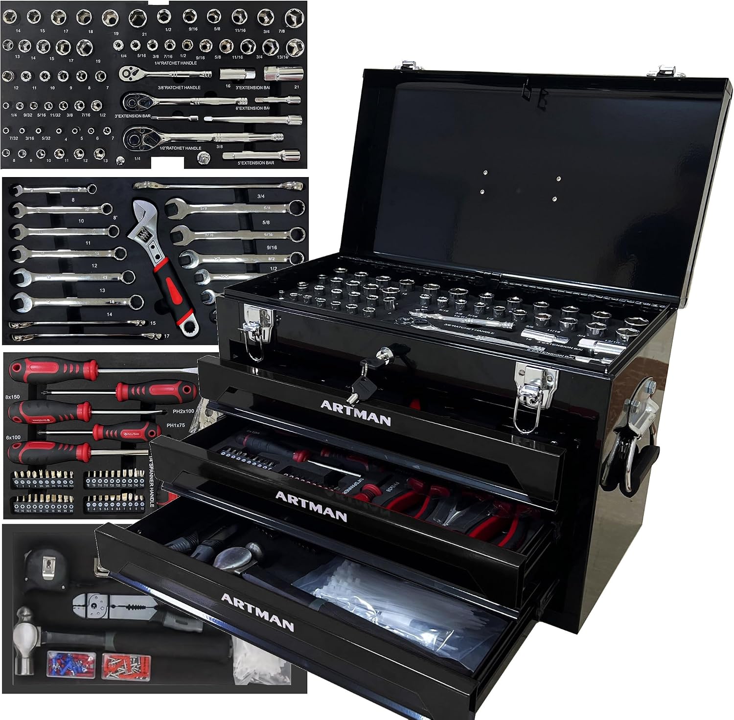 RYH 20' Portable 3-Drawer Steel Toolbox with Lock - Heavy Duty Tool Box Set for Mechanics, Electricians & Home Improvement | Includes Socket Wrench, Pliers, | Gift for Men, Handymen(Black)