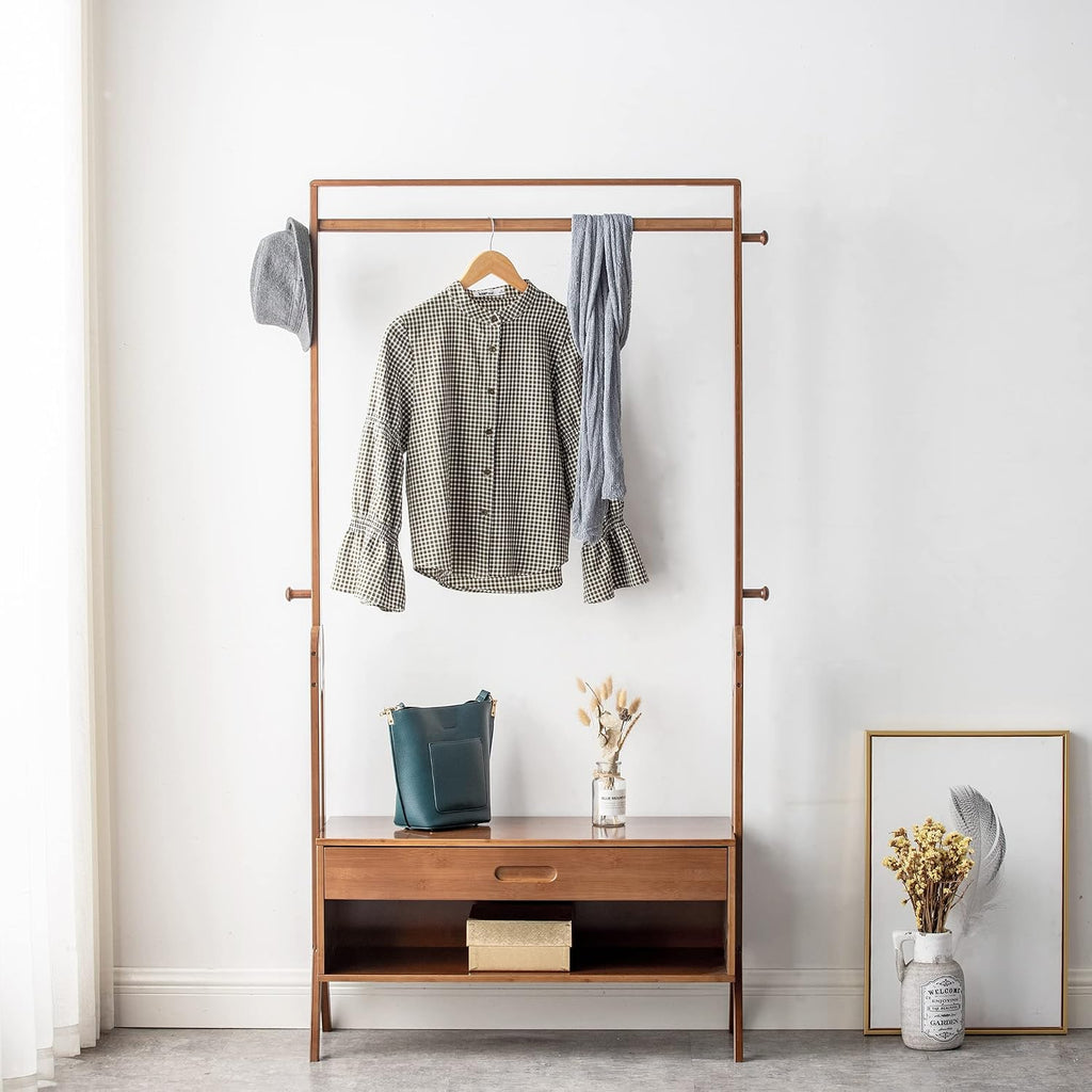 Bamboo Wooden Garment Rack Freestanding Closet Organizers and Storage Drawers with Seat&Hooks, Coat Rack, Open Wardrobe for Entryway and Bed Room Storage (32.9(L) x 13(W) x 66.5(H))