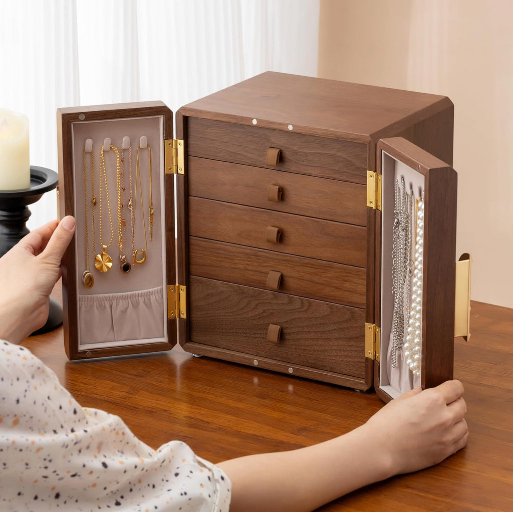 Luxury Black Walnut Jewelry Box for Women, 5-Layer Wooden Organizer , Dustproof Velvet Lined Storage for Watches, Necklaces, Rings, Earrings - Gift for Wife, Mom, Bride, Valentine's Day, Anniversary