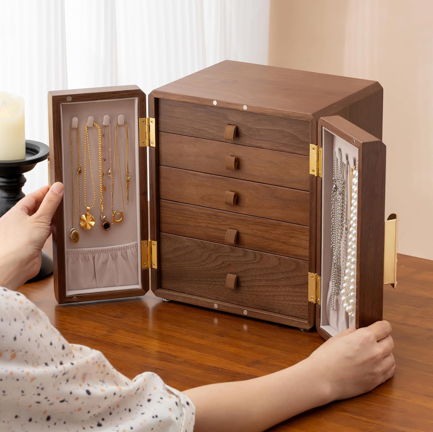 Luxury Black Walnut Jewelry Box for Women, 5-Layer Wooden Organizer , Dustproof Velvet Lined Storage for Watches, Necklaces, Rings, Earrings - Gift for Wife, Mom, Bride, Valentine's Day, Anniversary