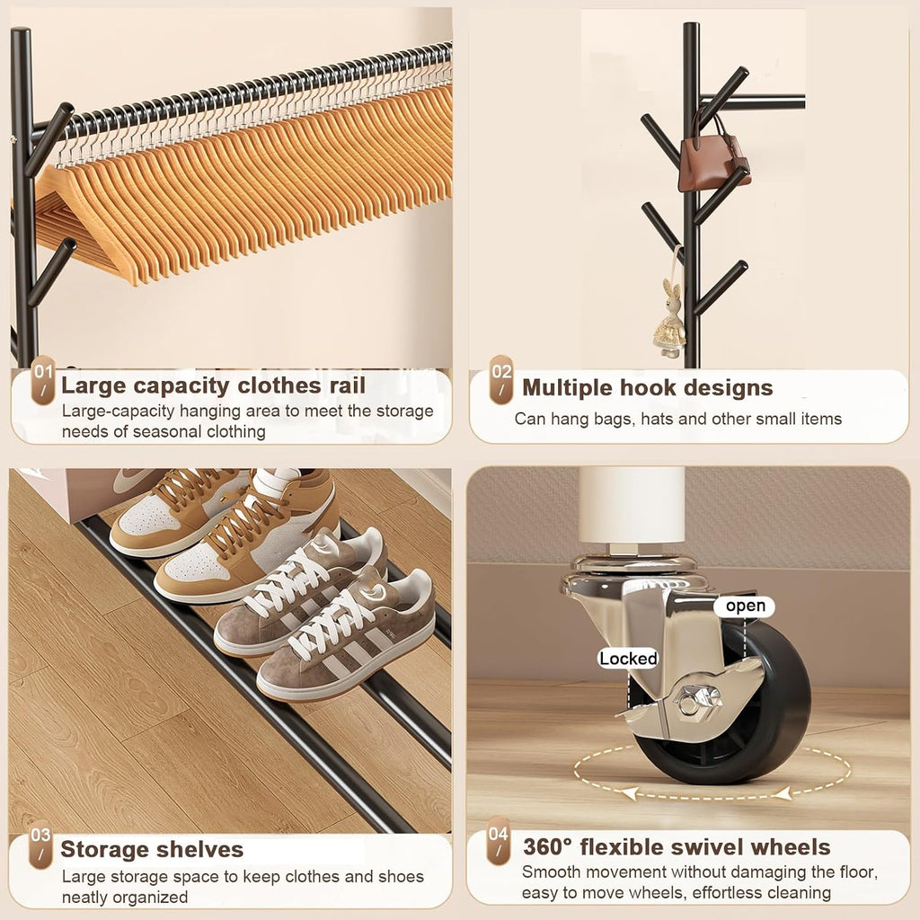 Heavy-Duty Clothes Rack,Rolling Garment Racks With Wheels,Hanging Storage Racks,Freestanding Metal Coat Organizer With Branch Hooks & Bottom Shelf,for Bedroom/Living Room(White,80cm(31.5in))
