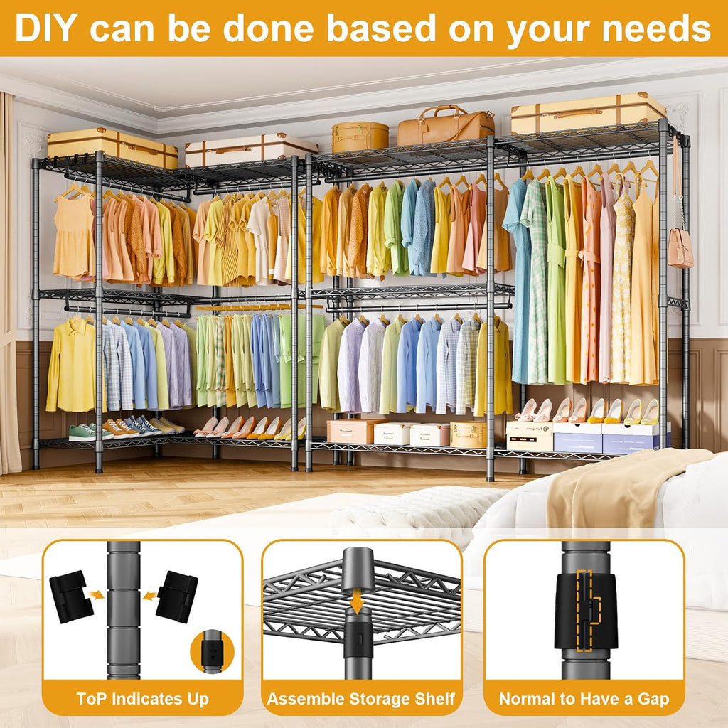 ULIFHOME E15 Garment Rack L Shaped Clothes Rack for Corner，Freestanding Clothing Racks for Hanging Clothes，Heavy Duty Closet Organizer with 4 Hanging Rods & 8 S Hooks，43.4' W x 15.8' D x 78.4' H，Grey