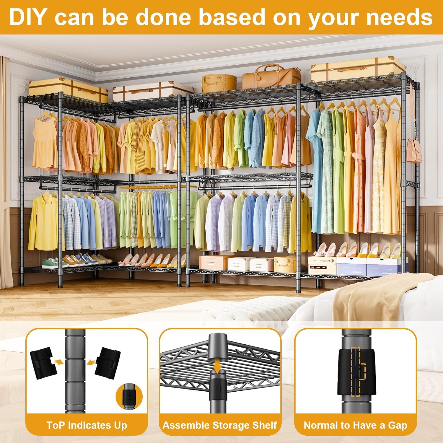 ULIFHOME E15 Garment Rack L Shaped Clothes Rack for Corner，Freestanding Clothing Racks for Hanging Clothes，Heavy Duty Closet Organizer with 4 Hanging Rods & 8 S Hooks，43.4' W x 15.8' D x 78.4' H，Grey