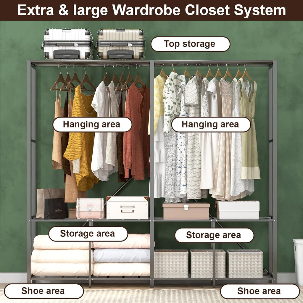 Umeiga Heavy Duty Portable Closet with Cover 1200Ibs Foldable Covered Clothes Rack for Hanging Armoire Wardrobe Closet System Freestanding Coat Storage Garment Racks (168cm/66in Gray)