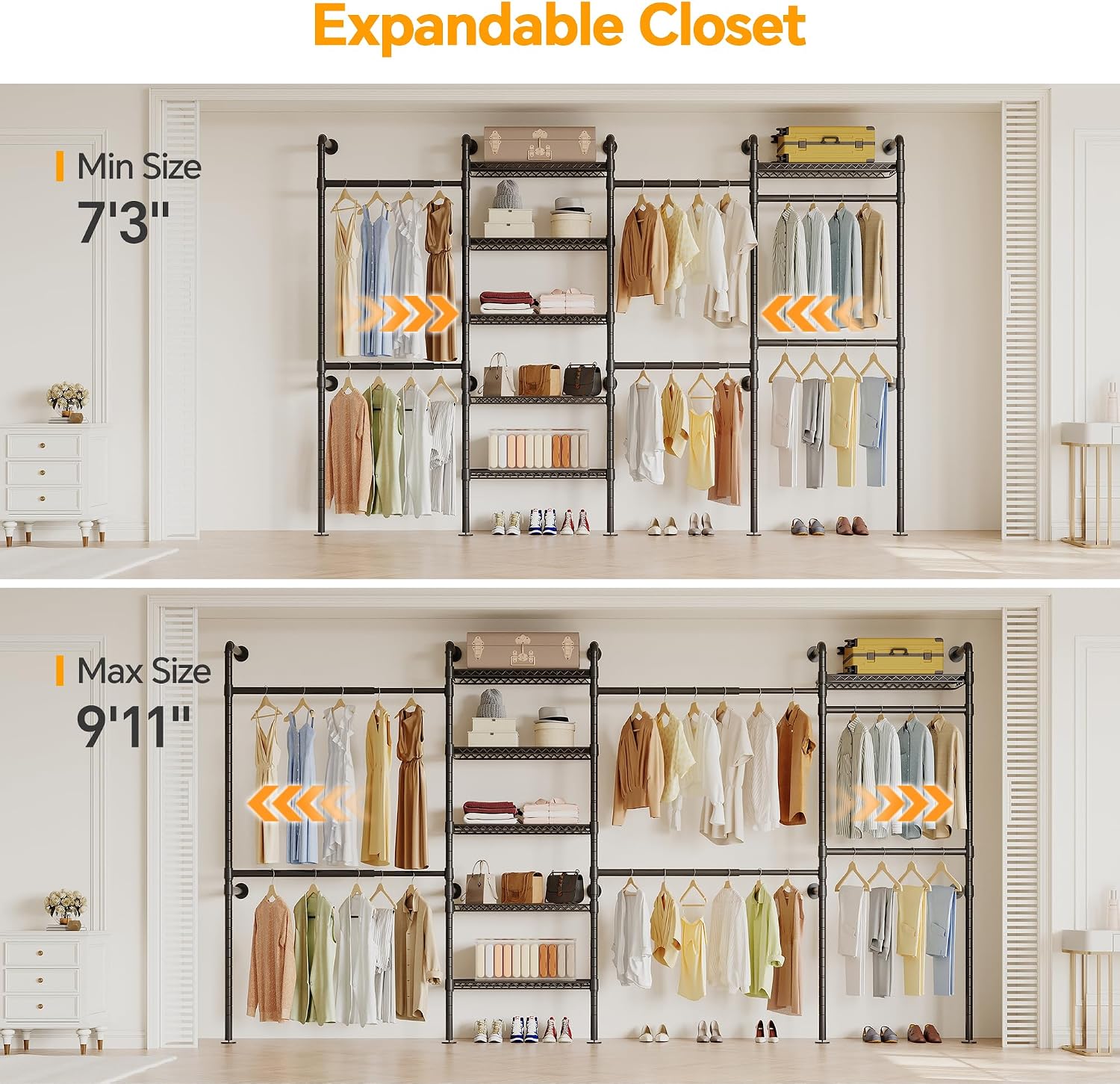 Higeego W4 Industrial Pipe Clothing Rack Wall Mounted Closet System Expandable Clothes Rack for Hanging Clothes, Heavy Duty Garment Rack Adjustable for Walk in Closet, Black