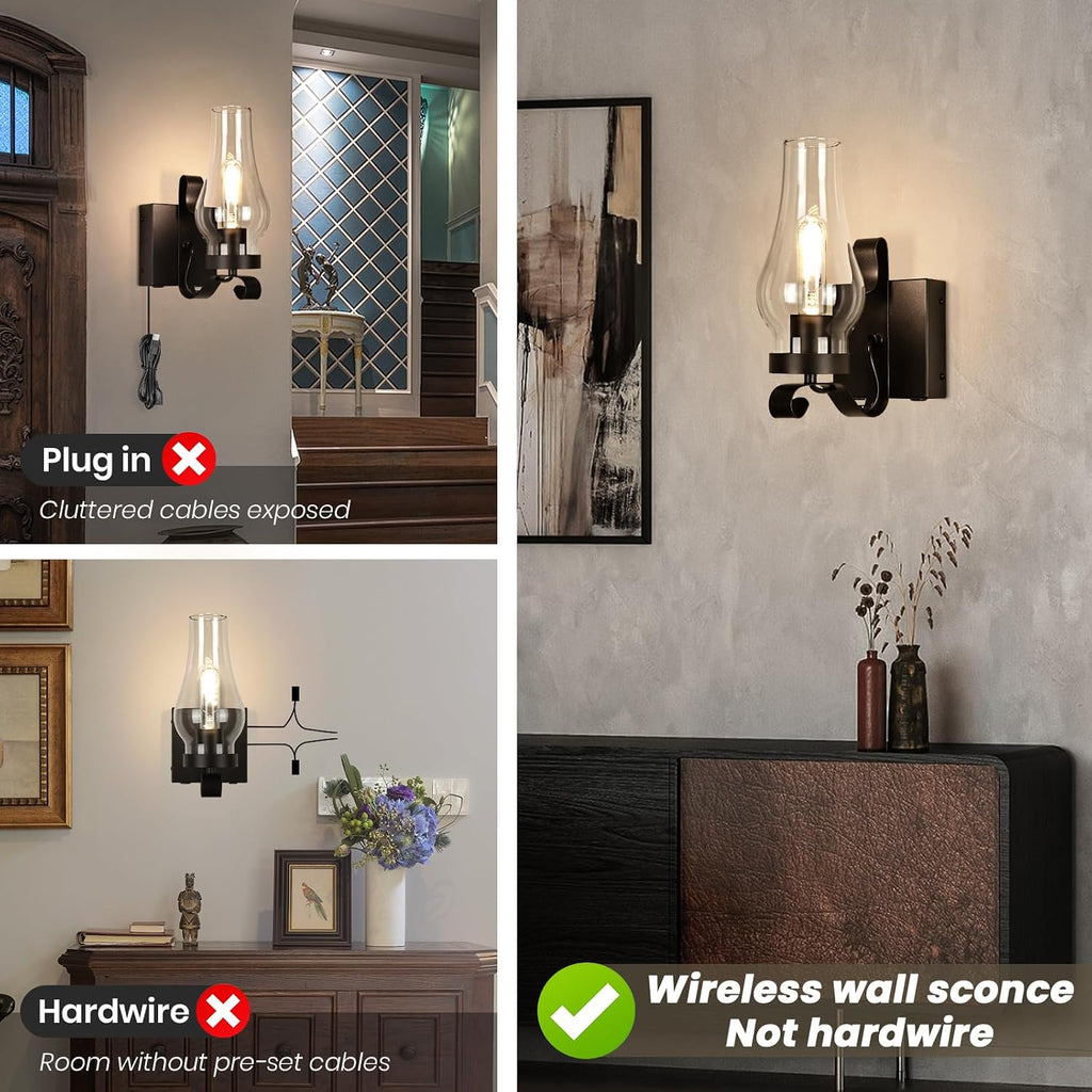Battery Operated Wall Sconces, Rustic Wall Lights Sets of 2, Non-Hardwired Antique Kerosene Wall Lamps, Vintage Bedside Wall Sconces with Remote Control for Living Room, Bedroom, Hallway etc