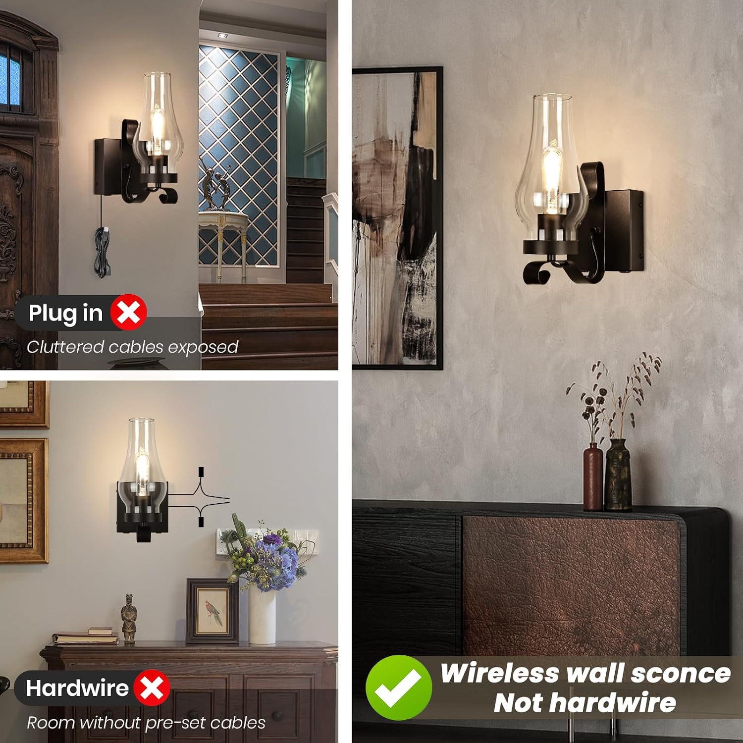 Battery Operated Wall Sconces, Rustic Wall Lights Sets of 2, Non-Hardwired Antique Kerosene Wall Lamps, Vintage Bedside Wall Sconces with Remote Control for Living Room, Bedroom, Hallway etc