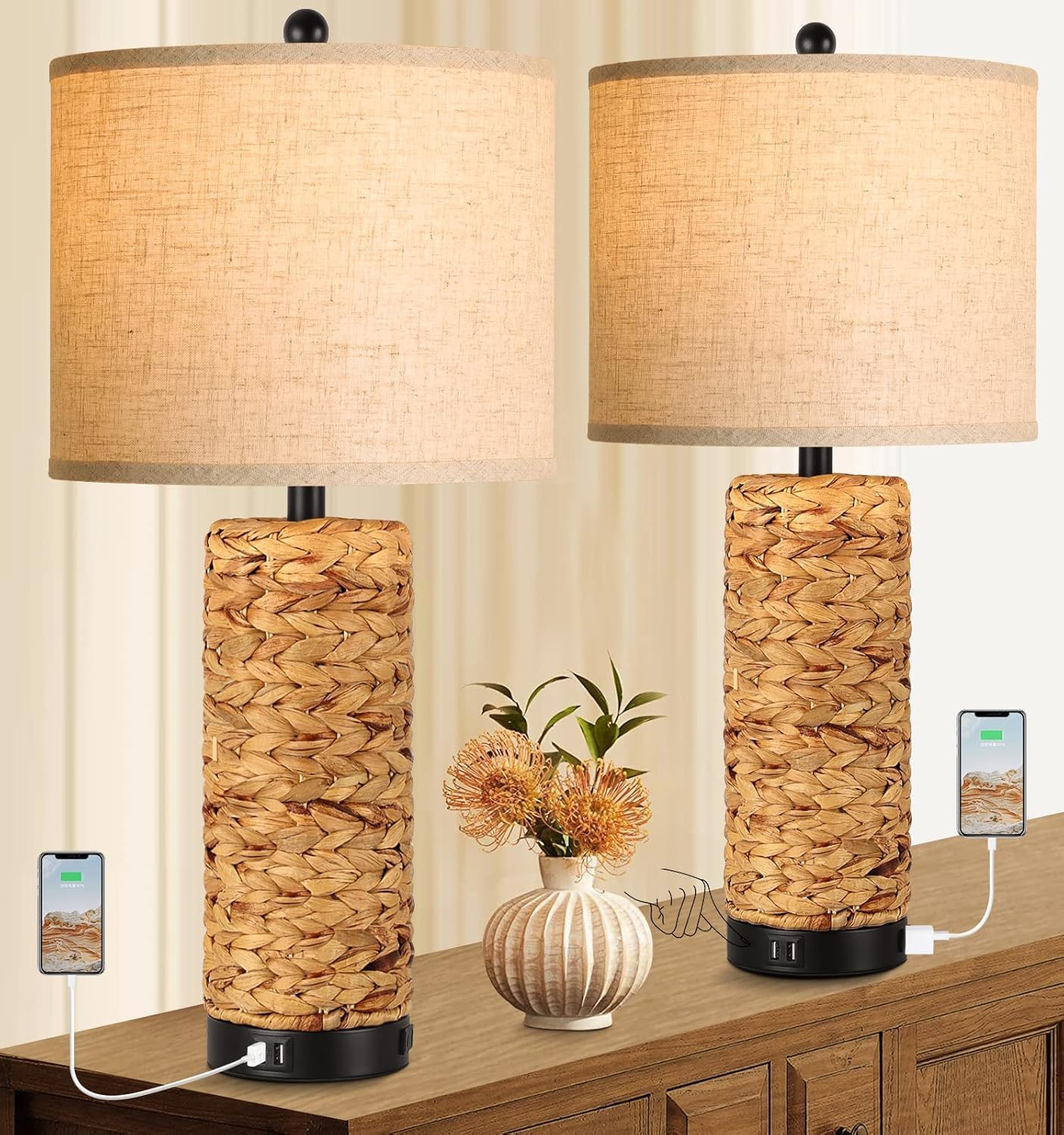 Tall Rustic Table Lamps Set of 2 for Living Room,3 Color Temperature Dimmable Country Antique Bedroom Nightstand Lamps for Retro Decor (Coastal)