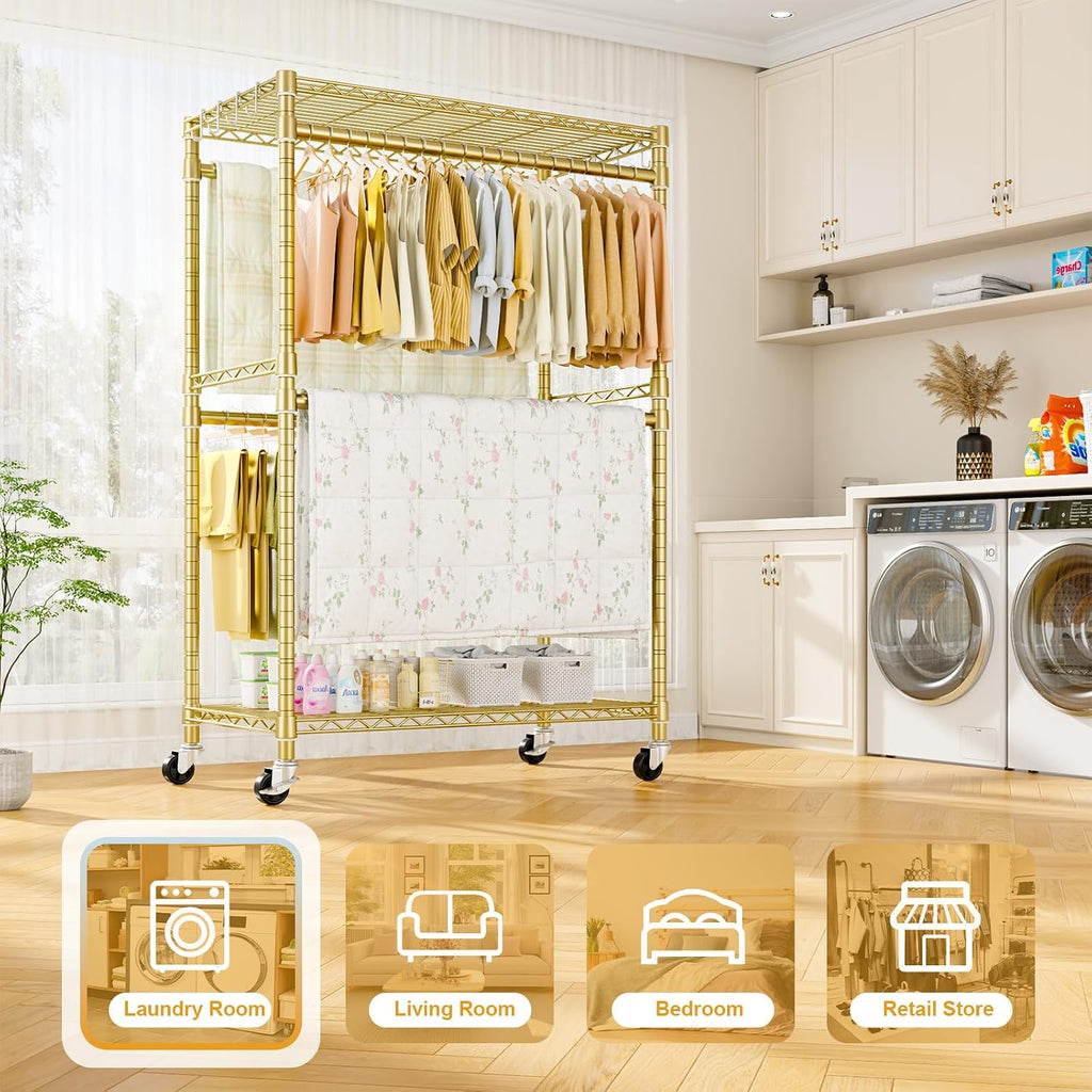 ULIFHOME P4 Plus Rolling Clothes Rack Heavy Duty, Clothing Racks for Hanging Clothes, Free Standing Garment Racks with Wheels, Portable Closet Rack 45'' W × 20.5'' D × 80.5'' H, Max Load 570 Lbs, Gold