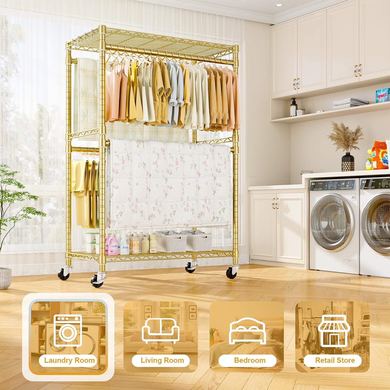 ULIFHOME P4 Plus Rolling Clothes Rack Heavy Duty, Clothing Racks for Hanging Clothes, Free Standing Garment Racks with Wheels, Portable Closet Rack 45'' W × 20.5'' D × 80.5'' H, Max Load 570 Lbs, Gold