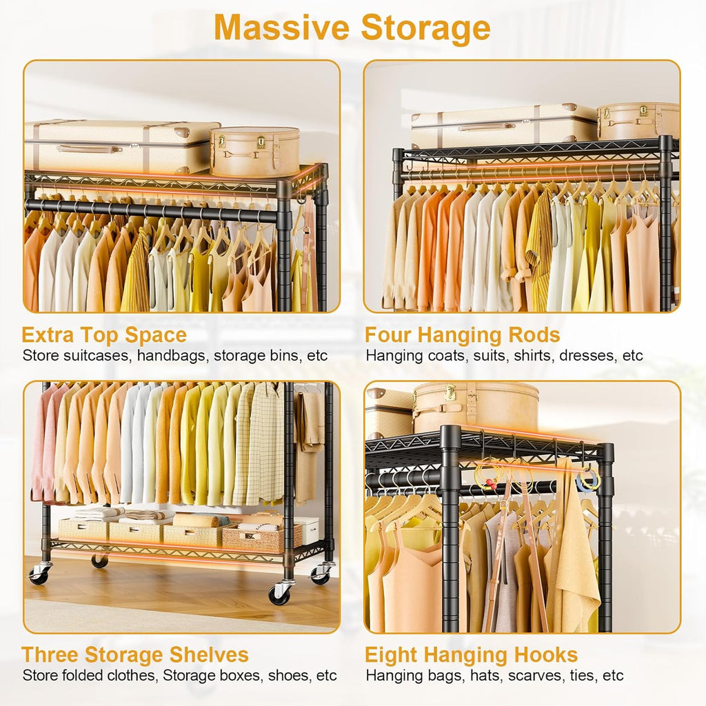 ULIFHOME P5 Plus Rolling Clothes Rack Heavy Duty, Clothing Racks for Hanging Clothes, Metal Garment Rack with Wheels, 3-Tier Portable Closet Rack 45'' W × 20.5'' D × 80.5'' H, Max Load 660 Lbs, Black