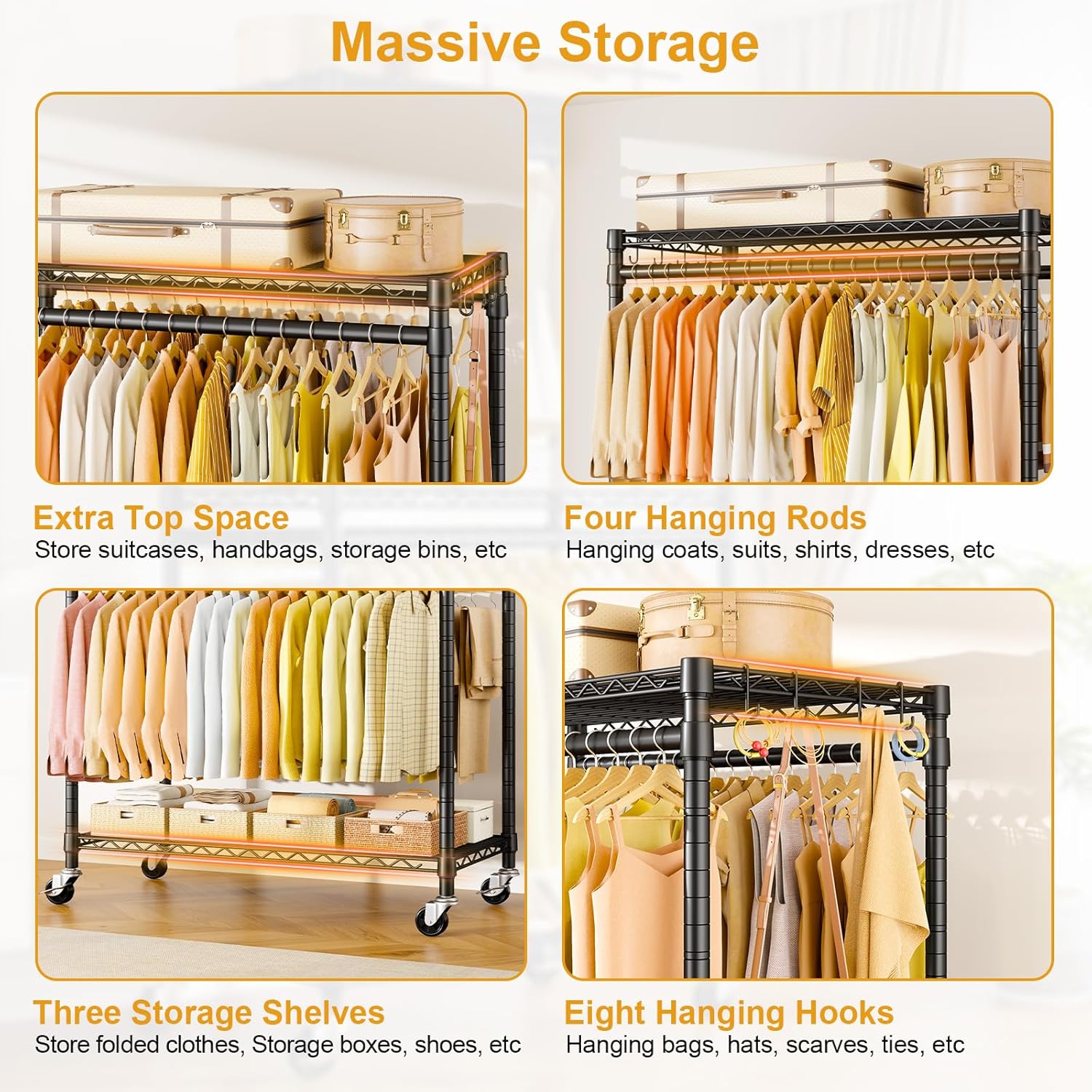 ULIFHOME P5 Plus Rolling Clothes Rack Heavy Duty, Clothing Racks for Hanging Clothes, Metal Garment Rack with Wheels, 3-Tier Portable Closet Rack 45'' W × 20.5'' D × 80.5'' H, Max Load 660 Lbs, Black