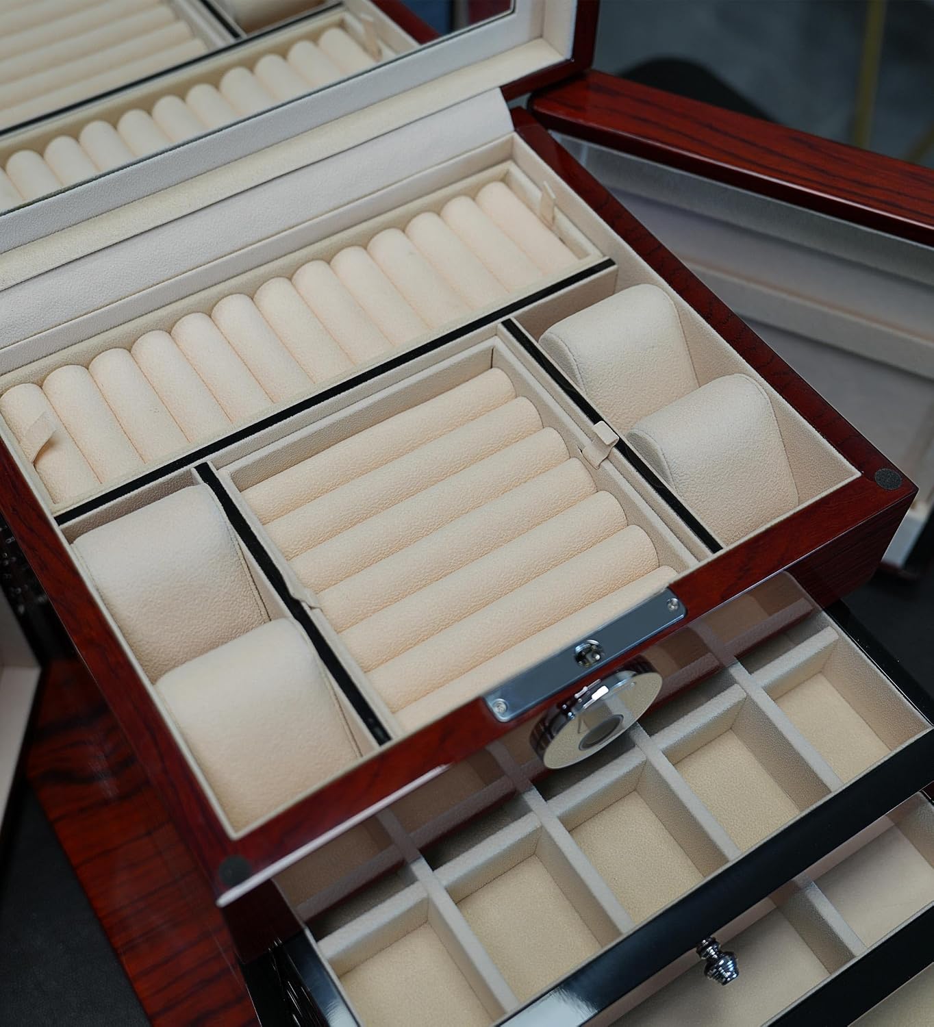 Jewelry Box Wood Jewel Organizer with Fingerprint Lock Safe, 7-Layer Large Locking Jewelry Storage Box with Necklace Hanger for Women Mens Gift (5L-RS)