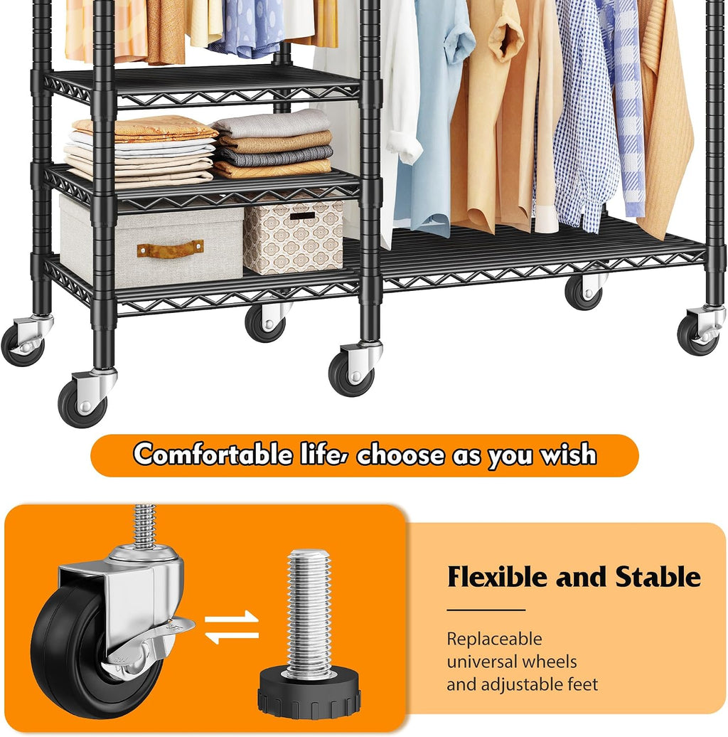 Raybee Heavy Duty Clothes Rack, Clothing Racks for Hanging Clothes, Portable Closet with Wheels and 4 Tiers Adjustable Shelves, Rolling Garment Rack for Bedroom, Black