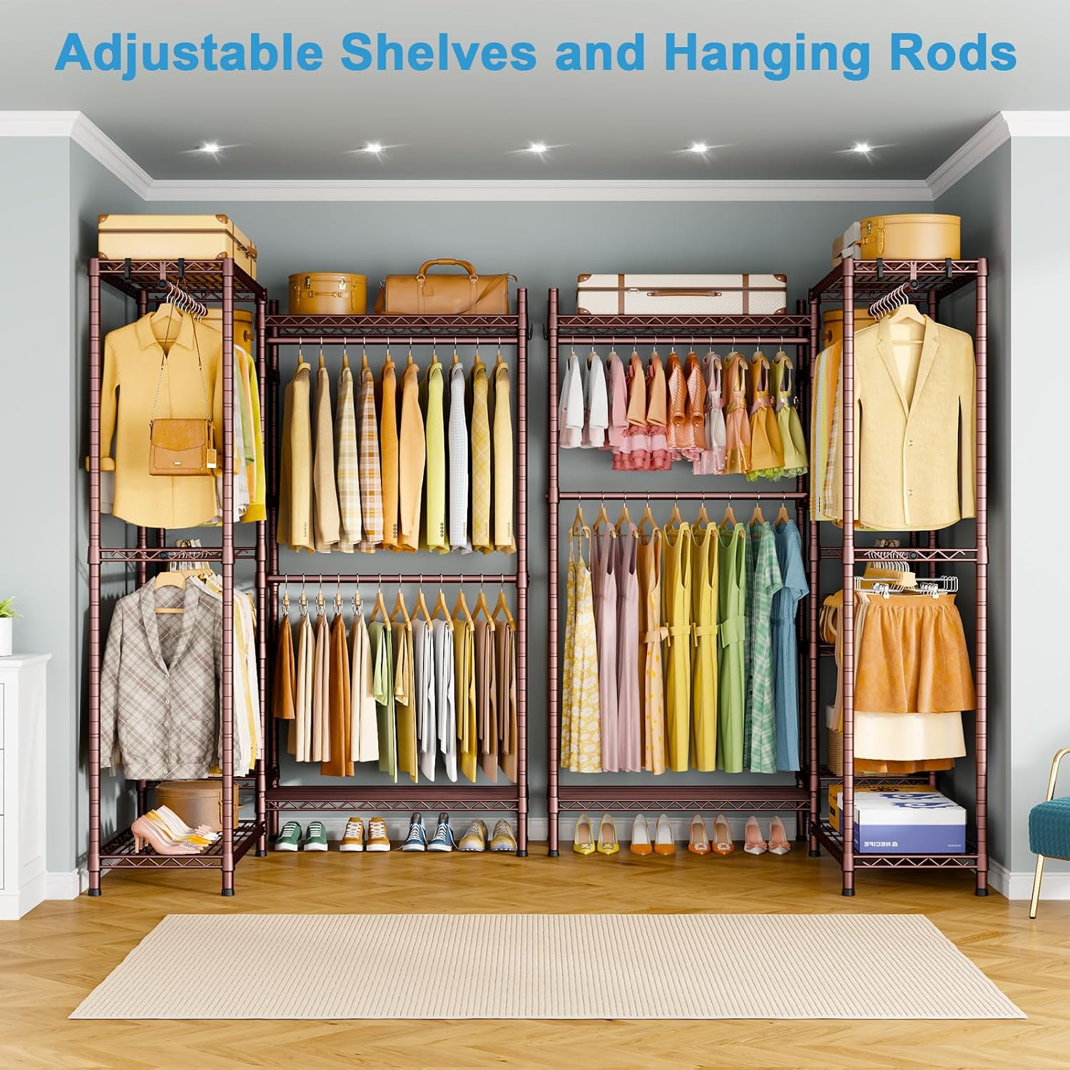 Ulif E4L L-shaped Clothes Rack, Heavy-Duty Garment Rack, Metal Freestanding Clothing Organization Storage System with Shelves and Hangers, Max Load 962lbs, 42.7' W x 42.7' D x 79.3' H, Bronze